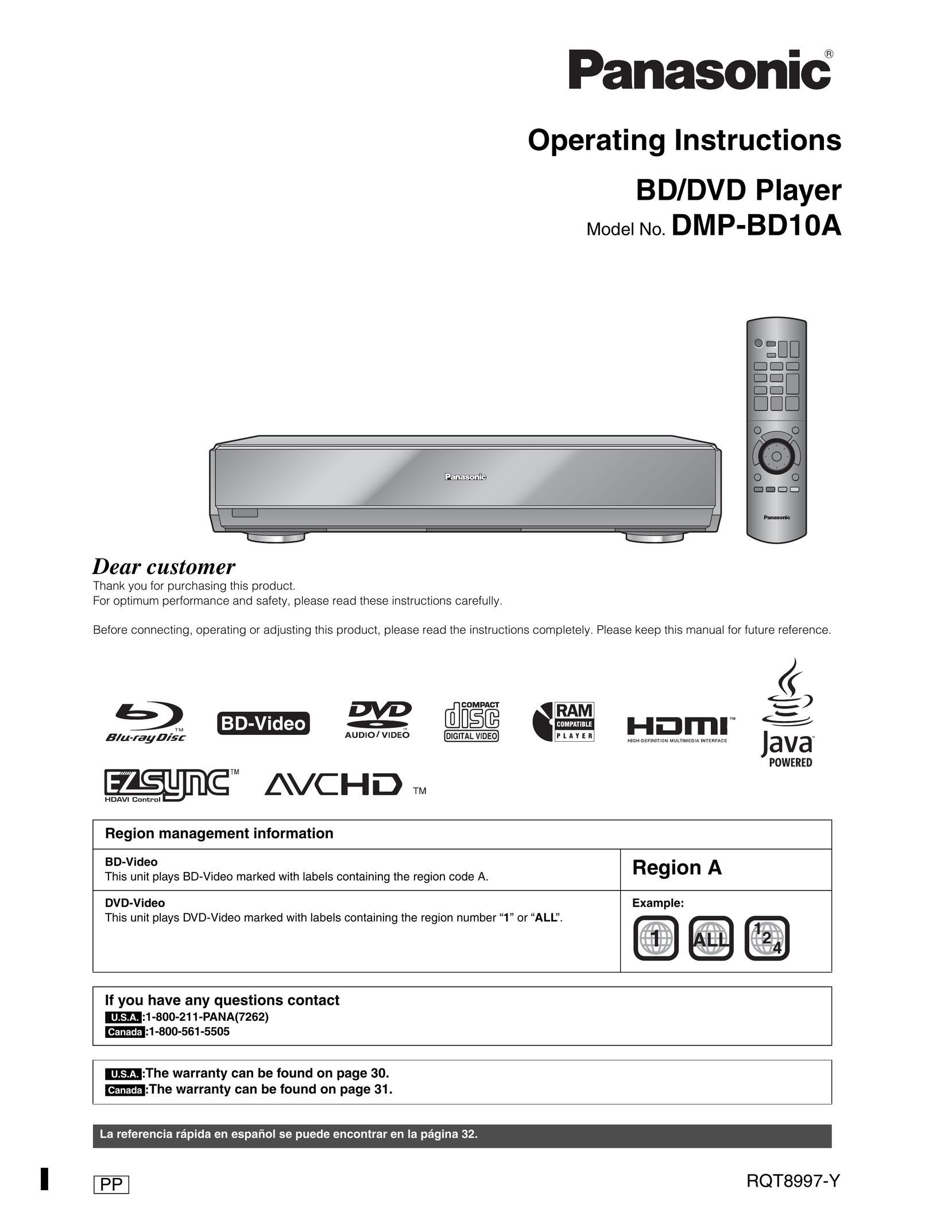 Panasonic DMP-BD10A DVD Player User Manual
