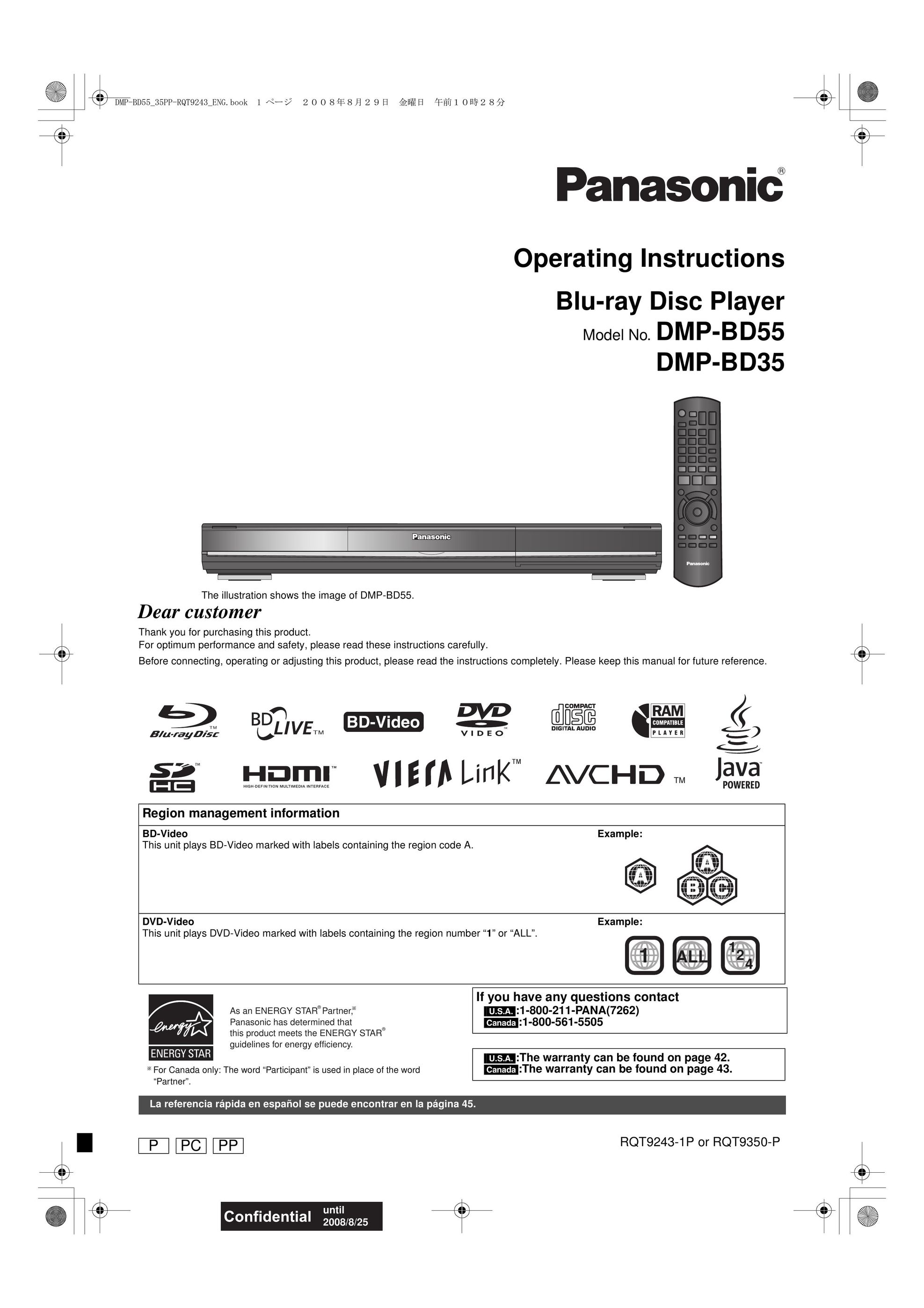 Panasonic DMP-BD55 DVD Player User Manual