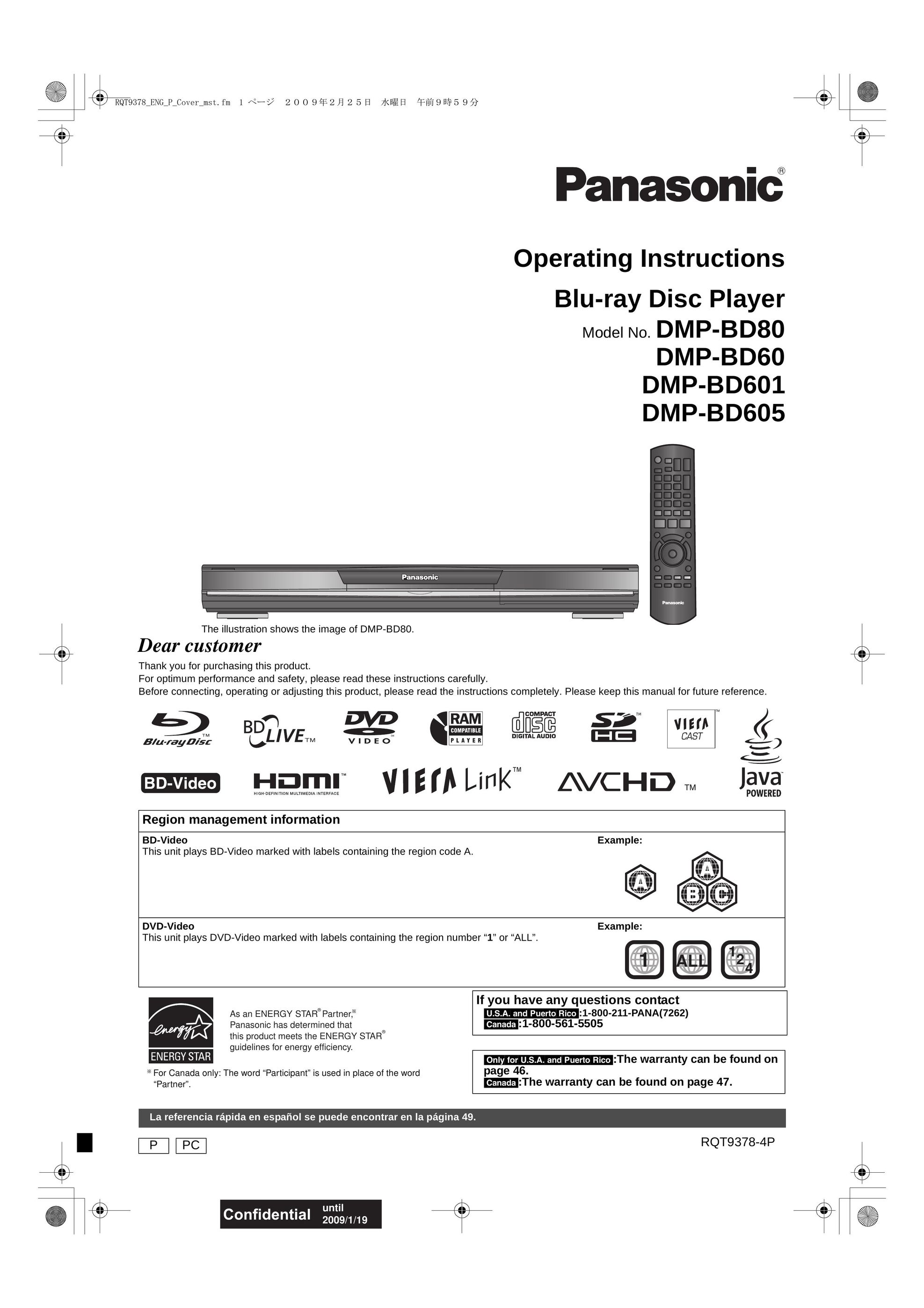 Panasonic DMP-BD605 DVD Player User Manual