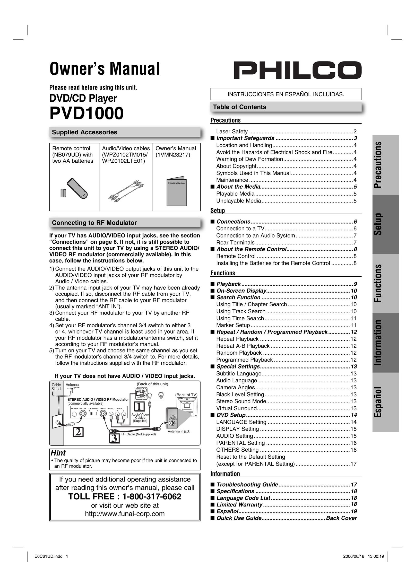 Philco Crafts PVD1000 DVD Player User Manual
