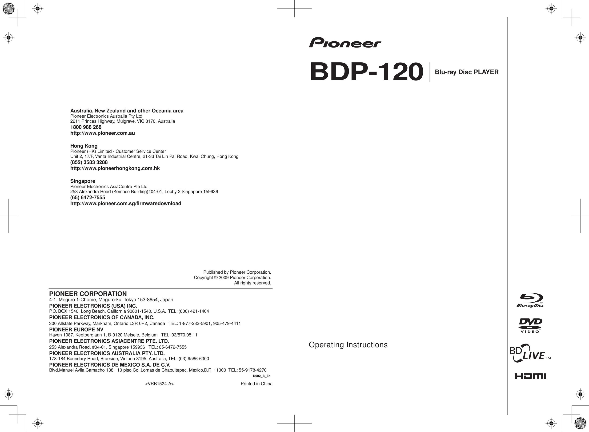Pioneer BDP-120 DVD Player User Manual