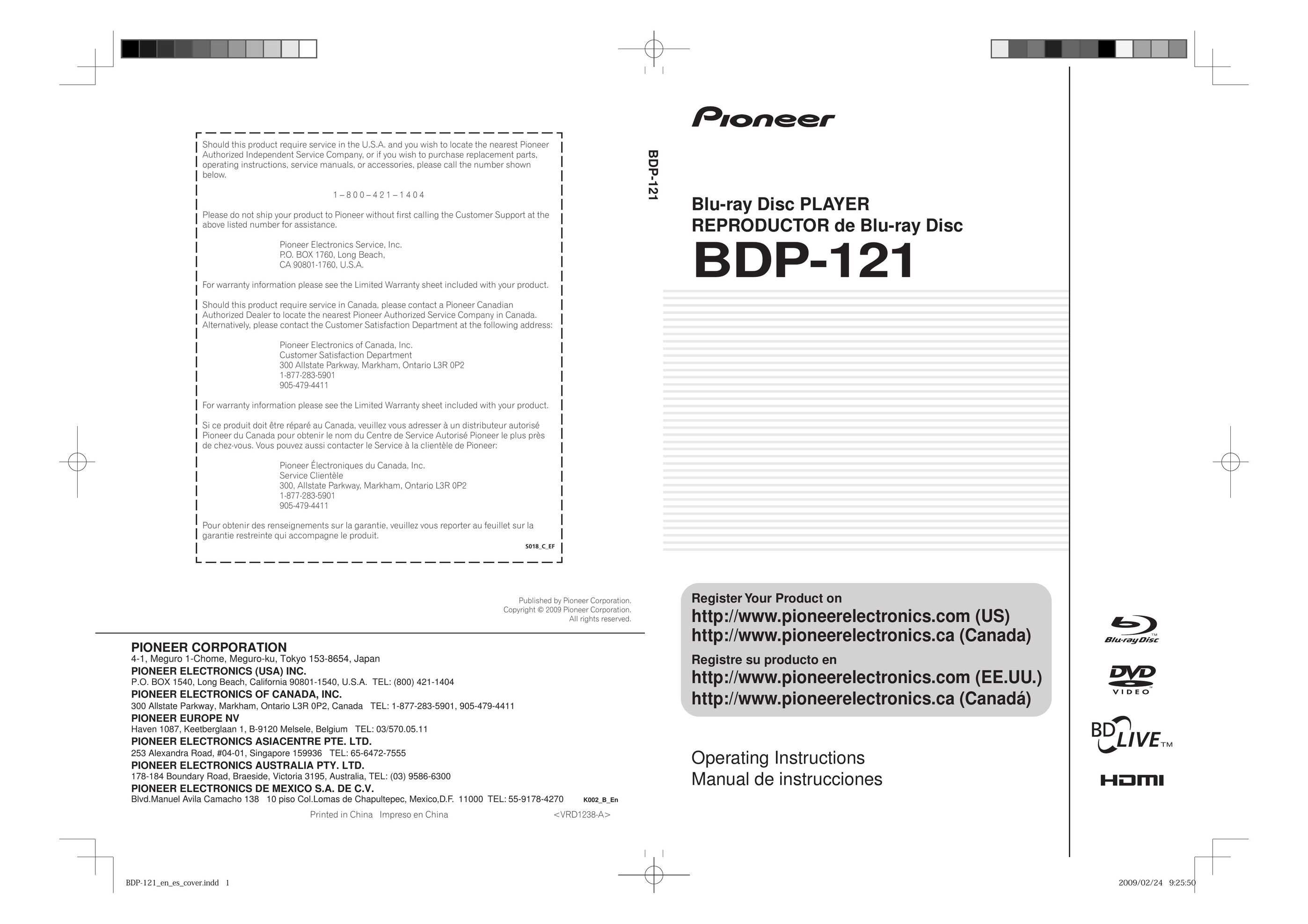 Pioneer BDP-121 DVD Player User Manual