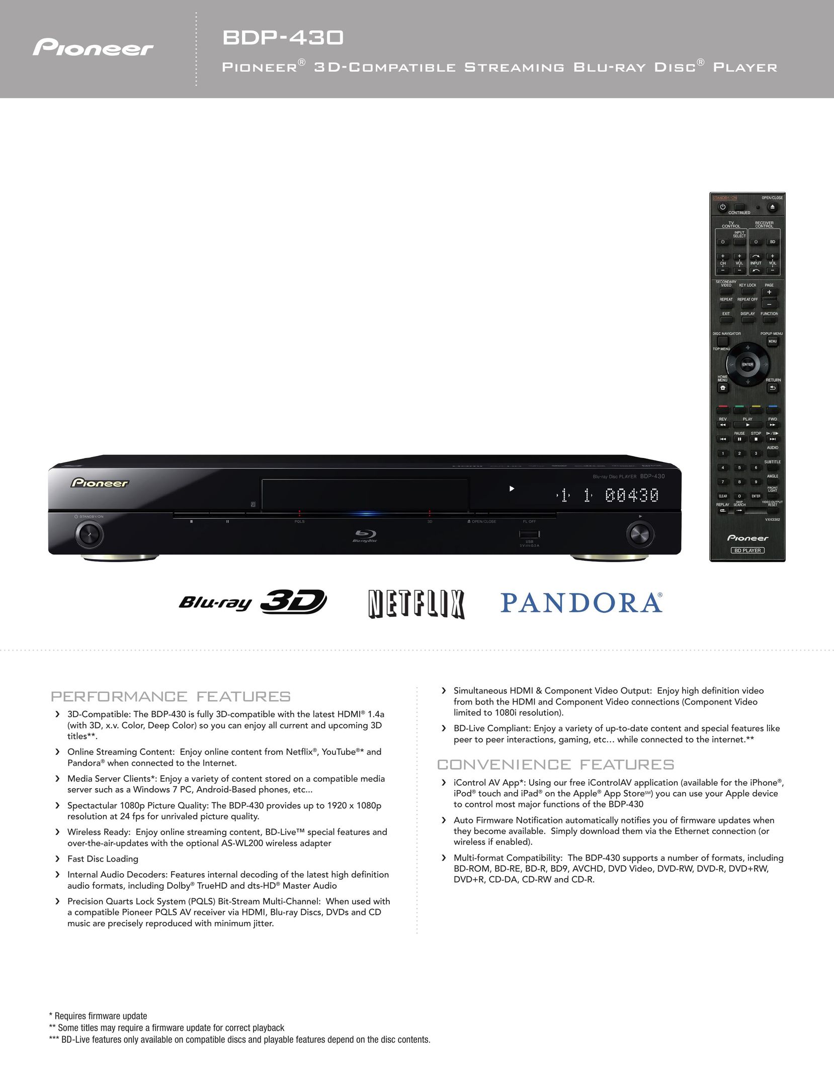 Pioneer BDP-430 DVD Player User Manual