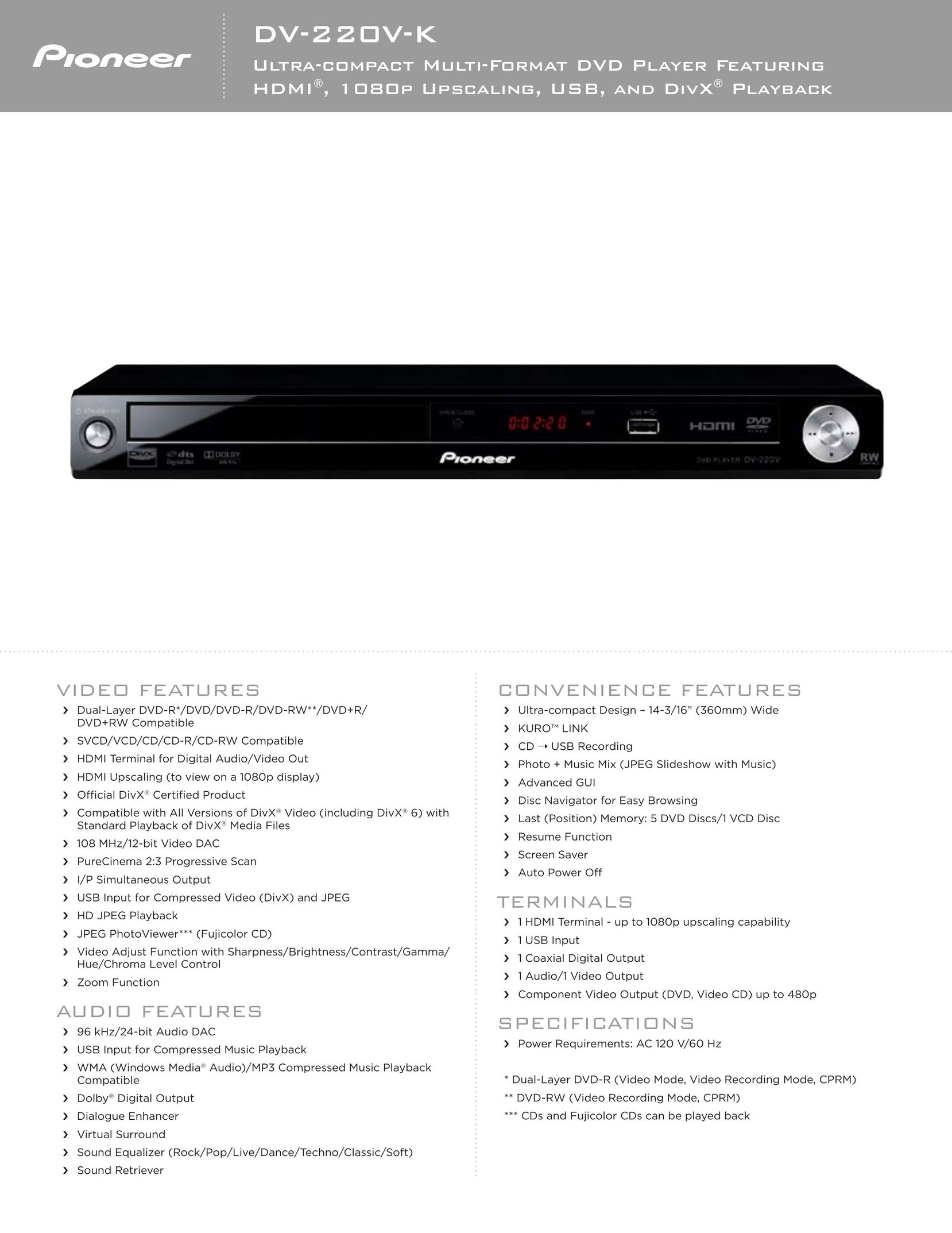 Pioneer DV-220V-K DVD Player User Manual