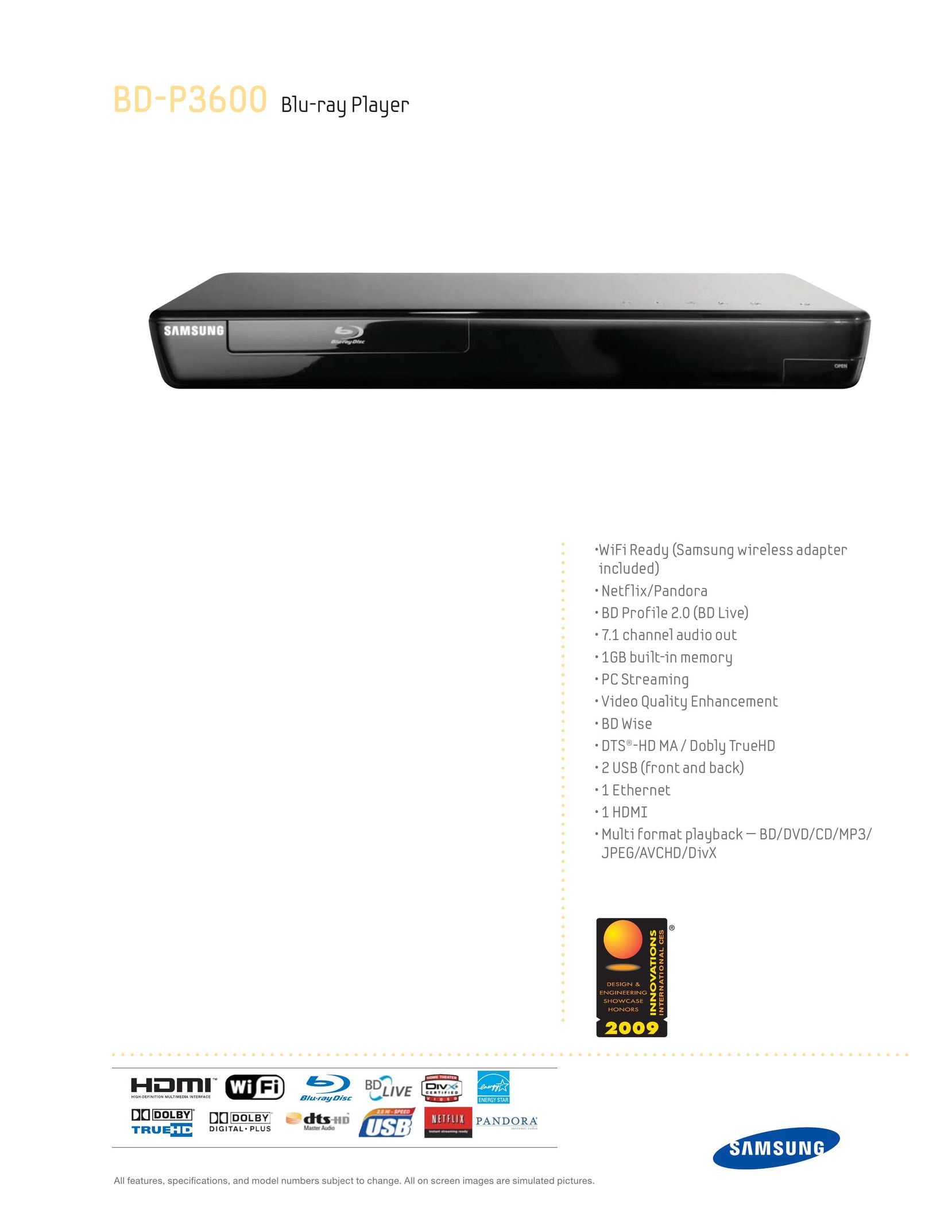 Samsung BD-P3600 DVD Player User Manual