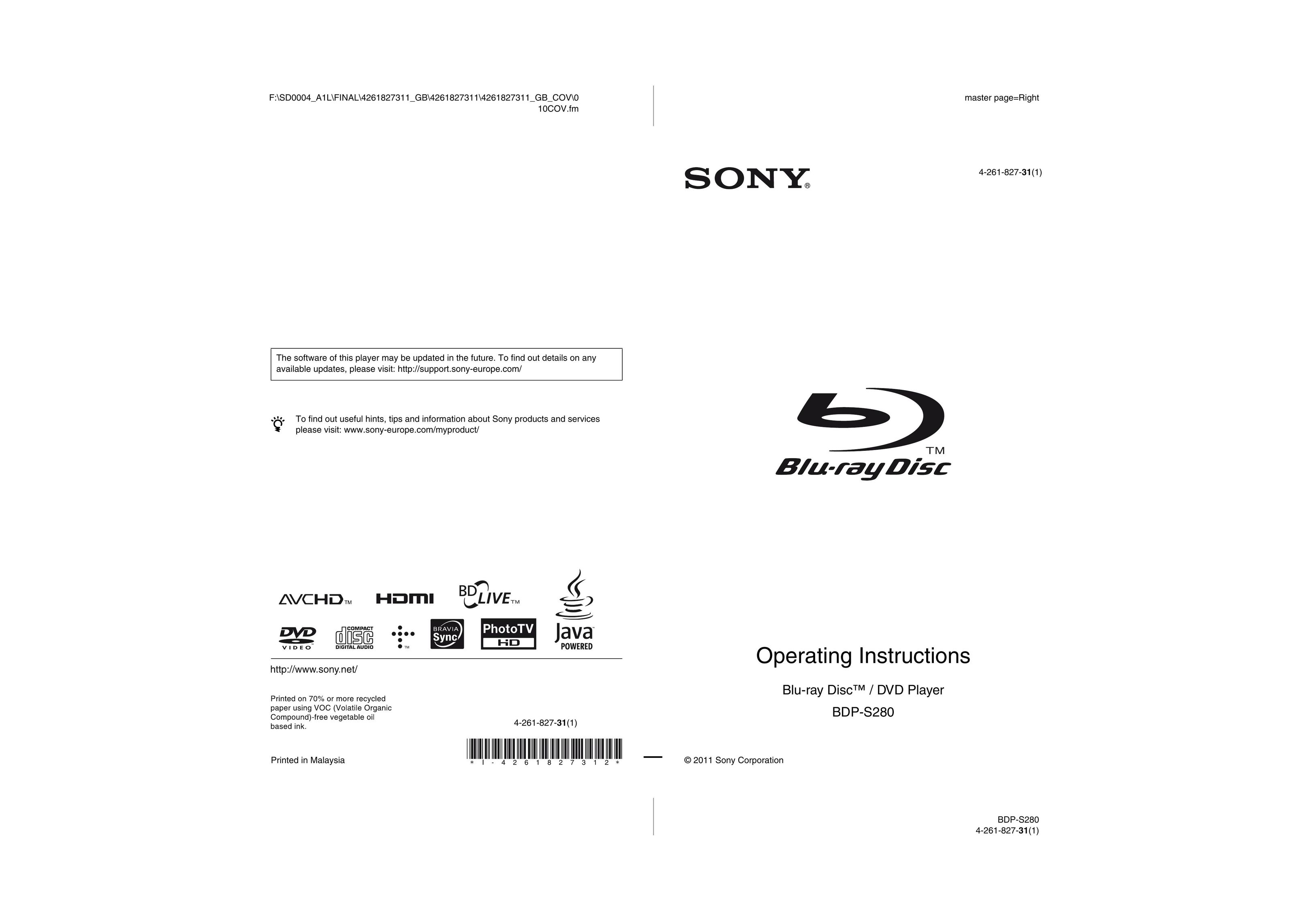 Sony BDP-S280 DVD Player User Manual