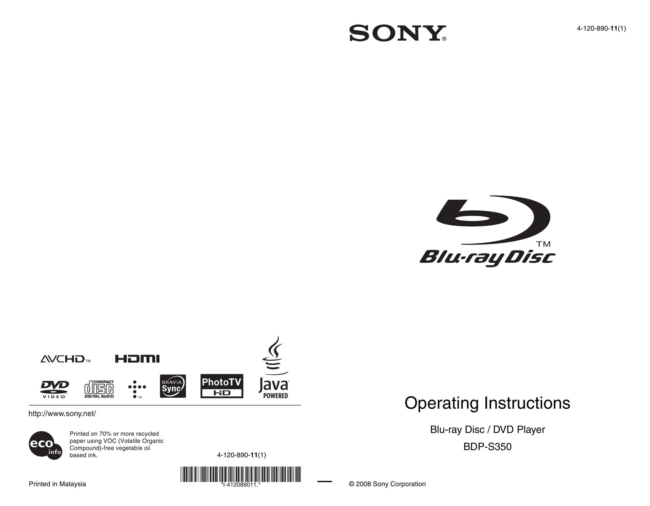 Sony BDP-S350 DVD Player User Manual
