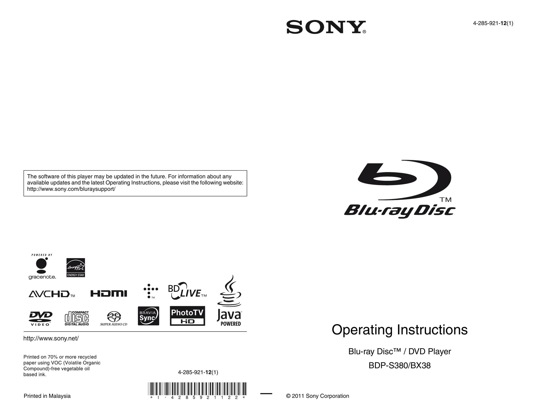 Sony BDP-S380 DVD Player User Manual