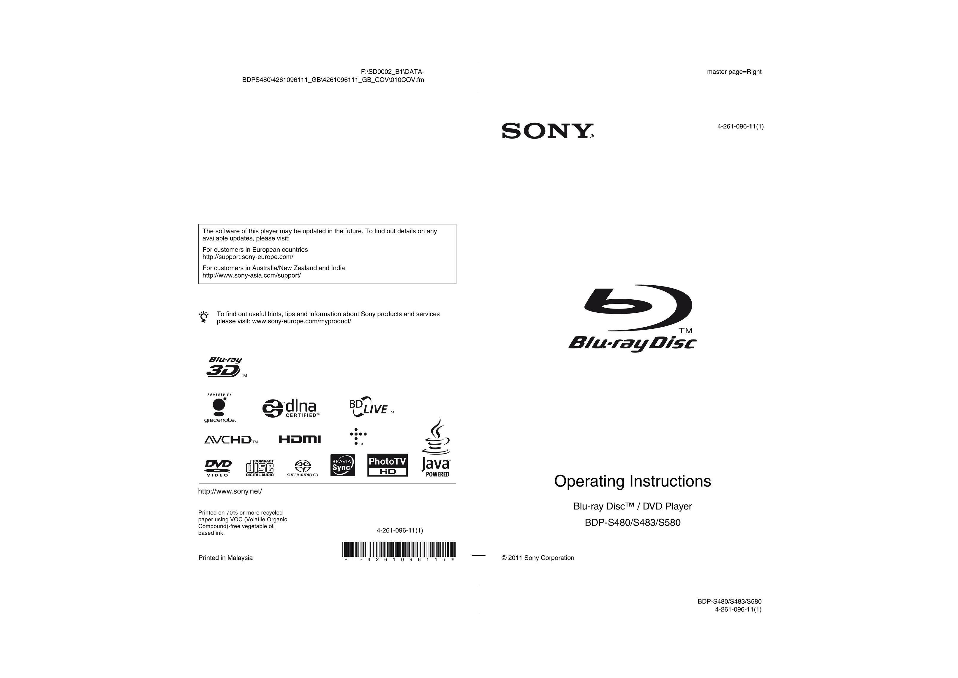 Sony BDP-S480 DVD Player User Manual