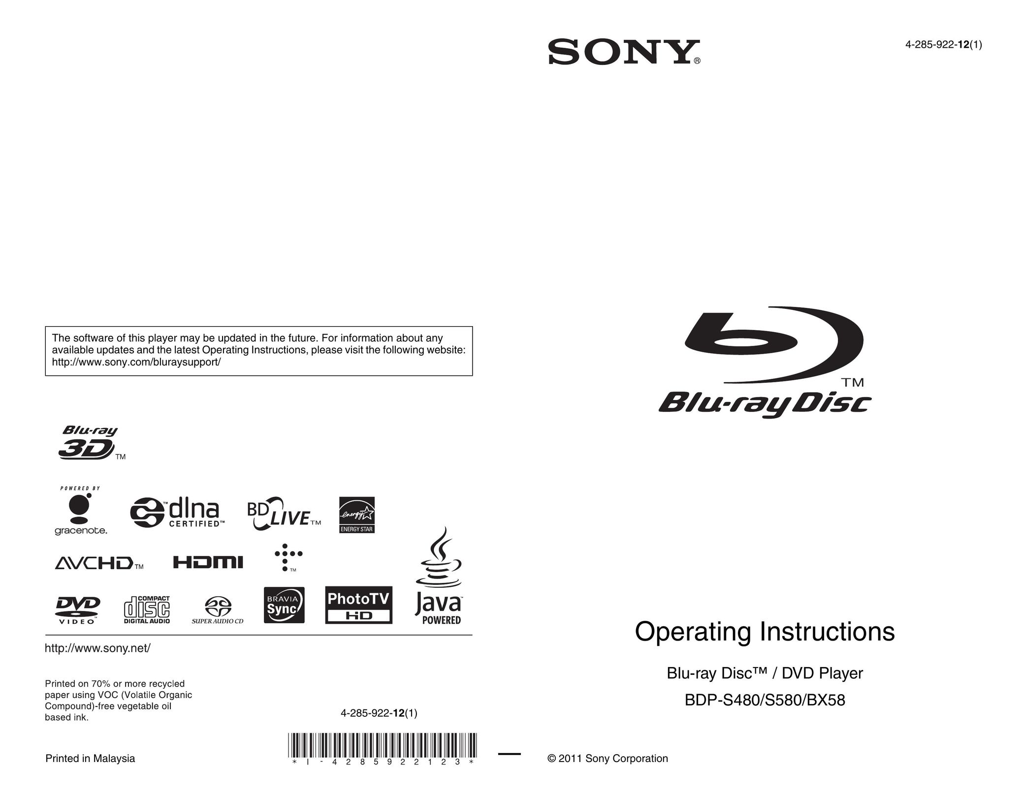 Sony BDP-S580 DVD Player User Manual