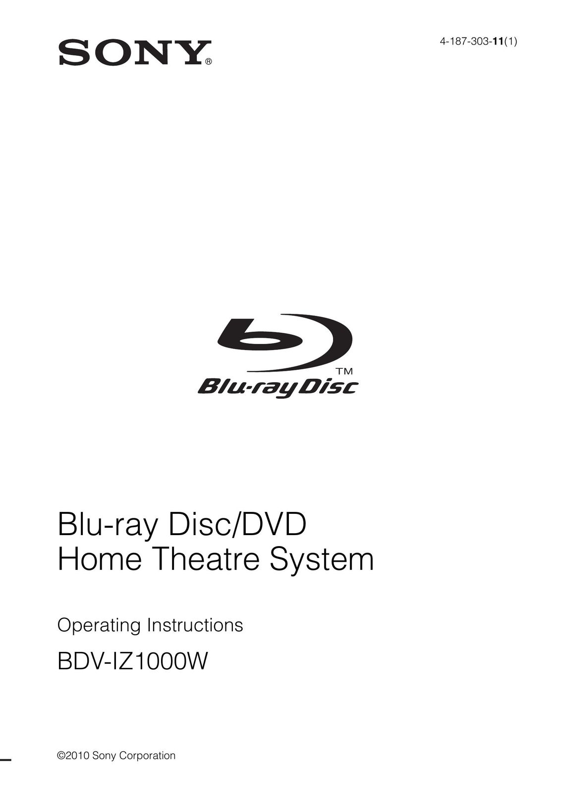 Sony BDV-IZ1000W DVD Player User Manual