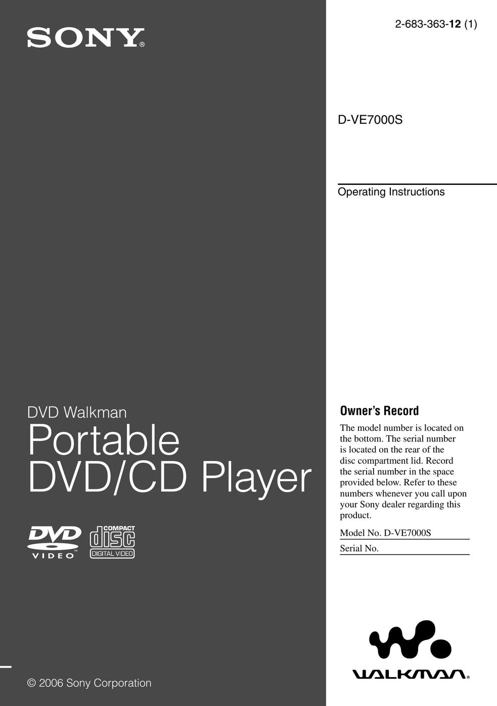 Sony D-VE7000S DVD Player User Manual