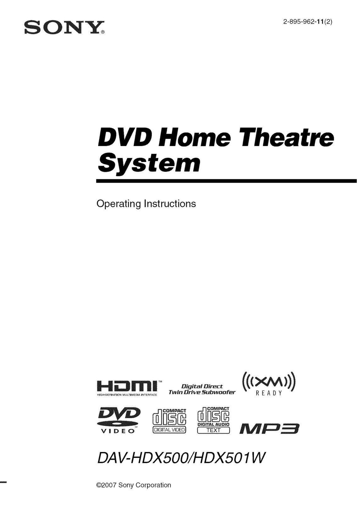 Sony DA V-HDX5OO DVD Player User Manual