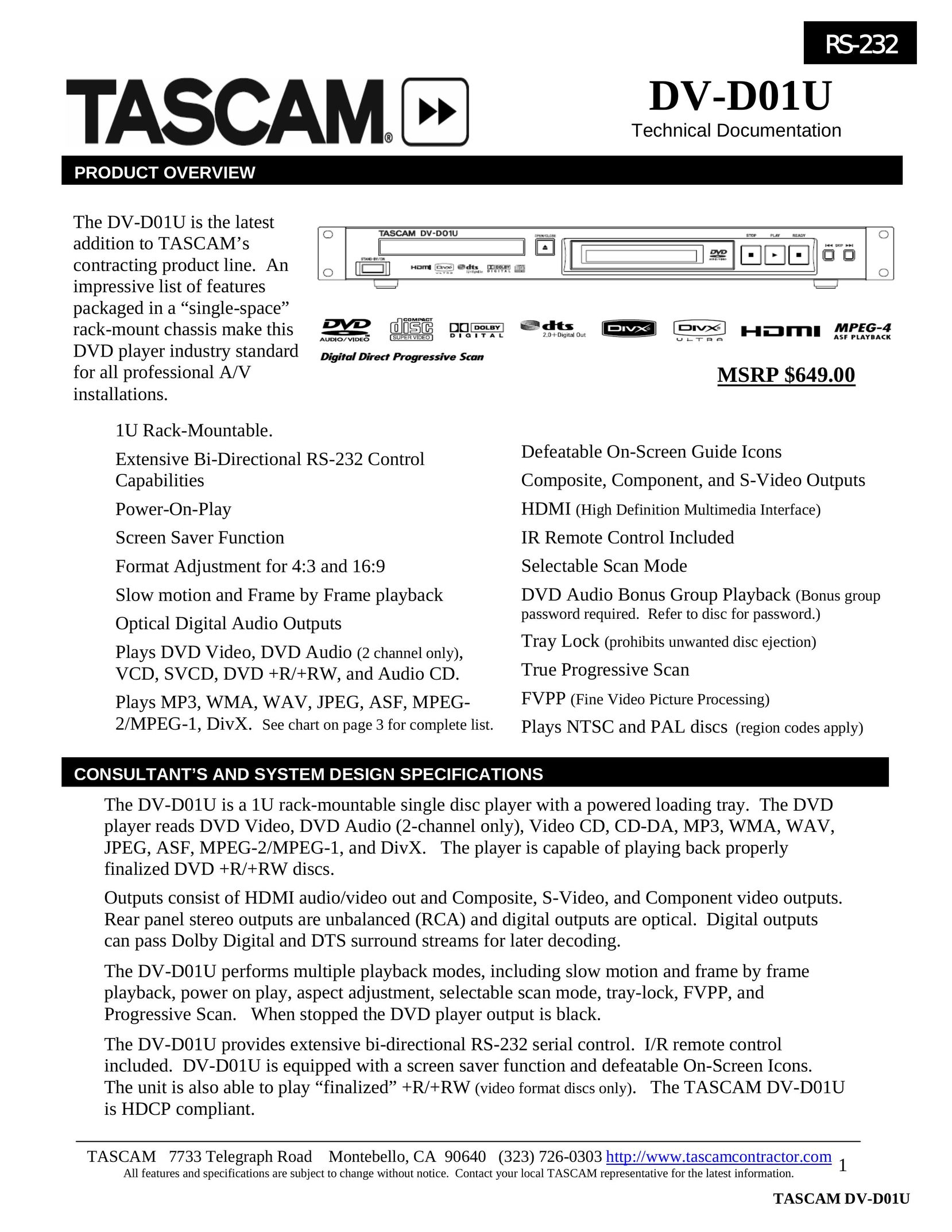 Tascam DV-D01U DVD Player User Manual