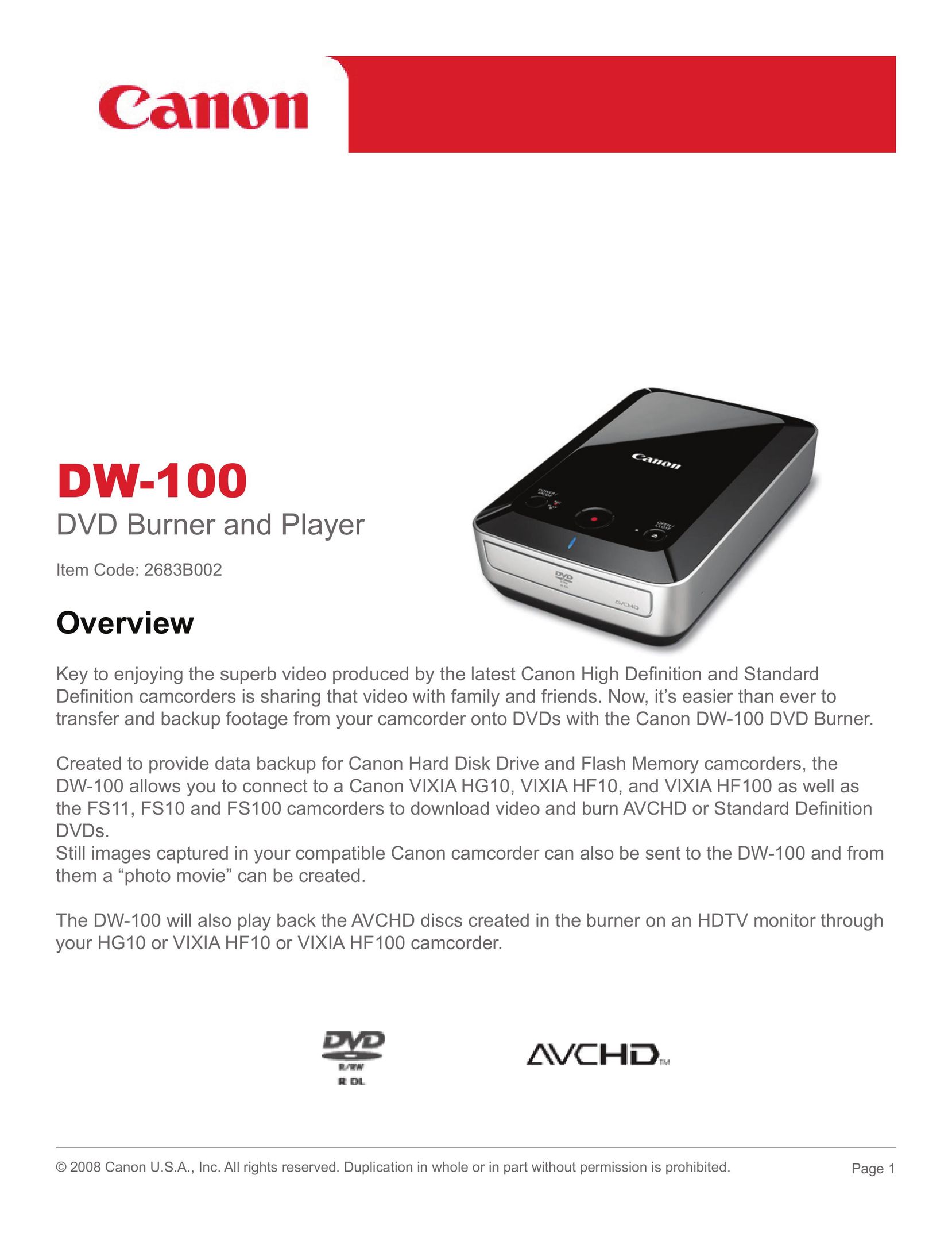 Canon DW-100 DVD Recorder User Manual