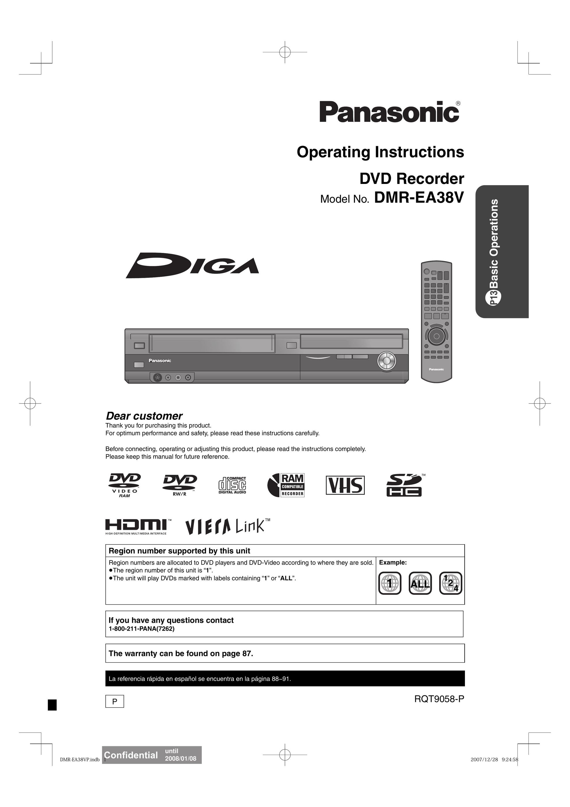 Panasonic DMR-EA38V DVD Recorder User Manual