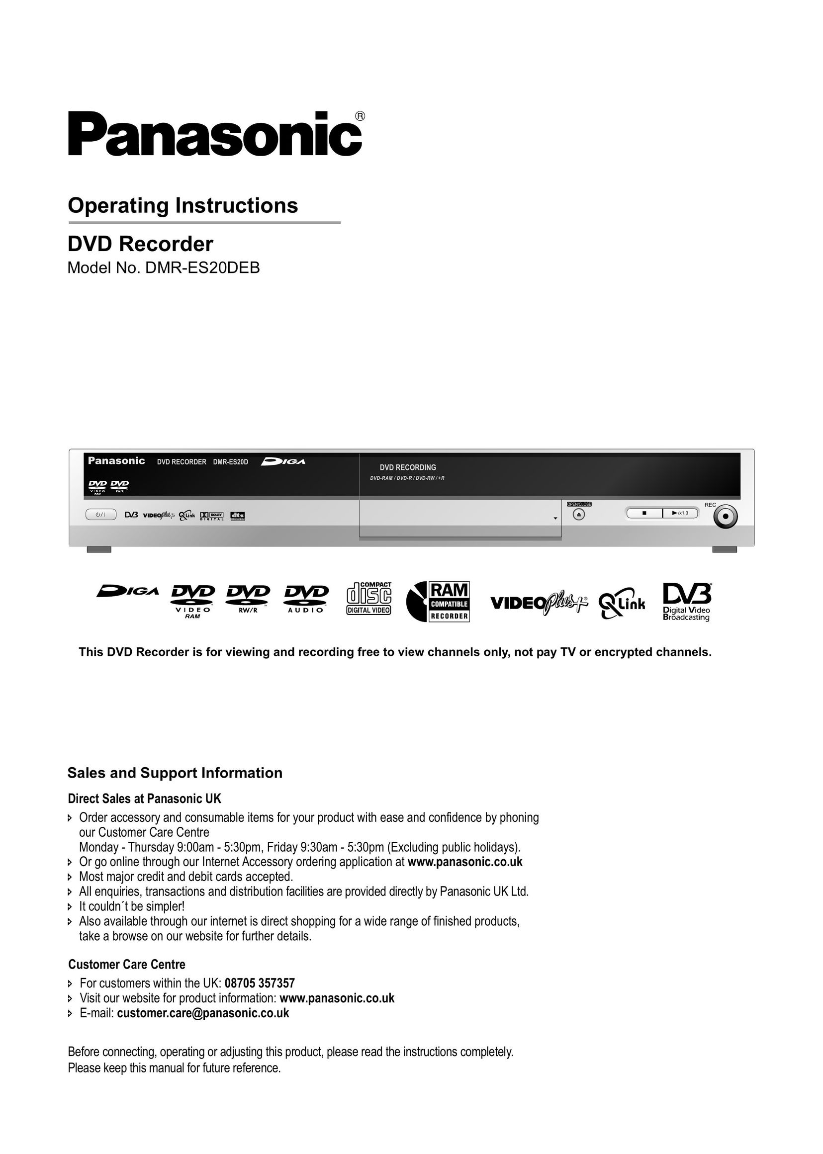 Panasonic DMR-ES20DEB DVD Recorder User Manual
