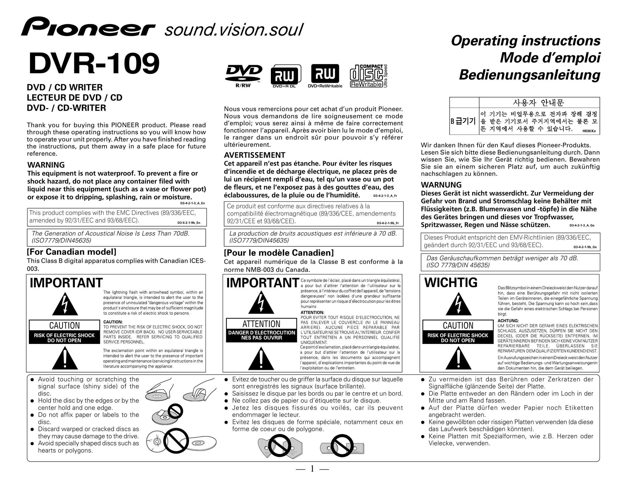 Pioneer DVR-109 DVD Recorder User Manual