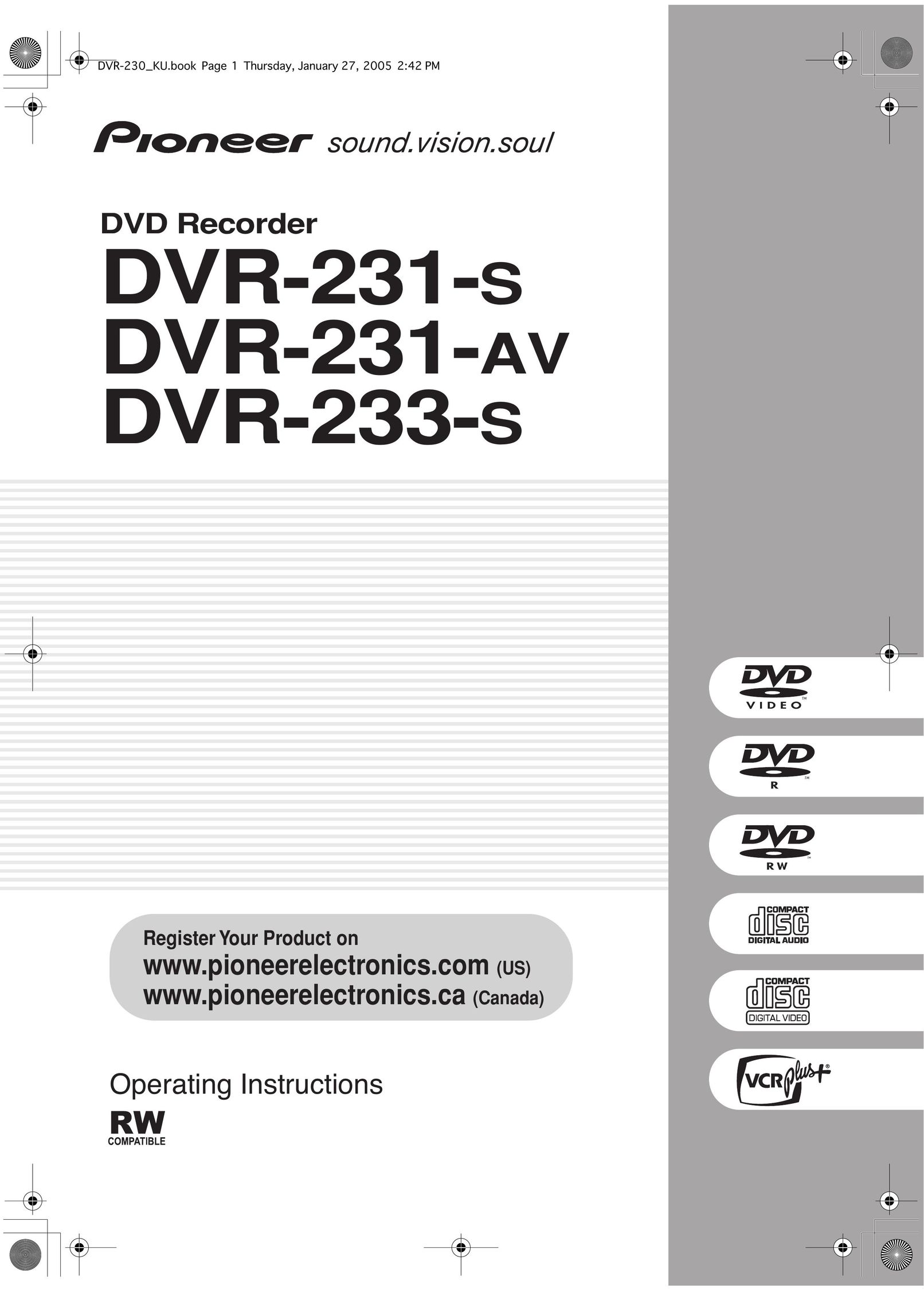Pioneer DVR-231-AV DVD Recorder User Manual