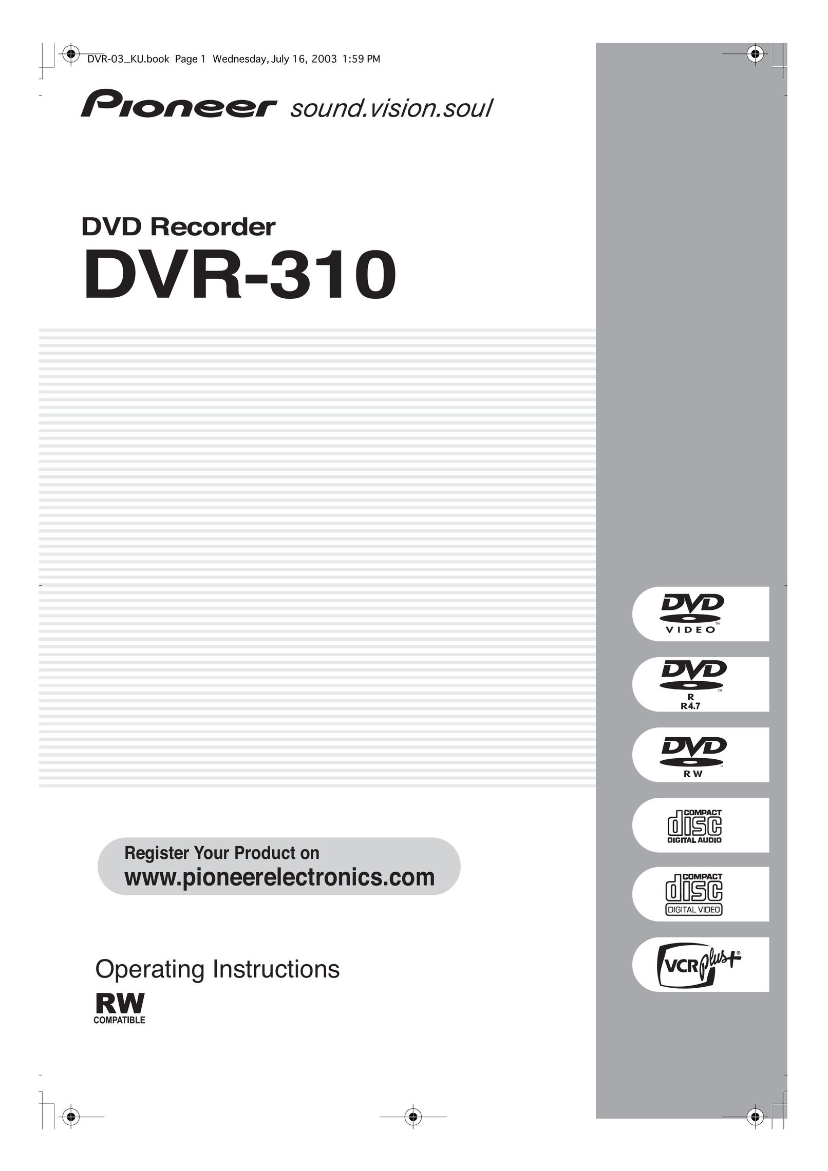 Pioneer DVR-310 DVD Recorder User Manual