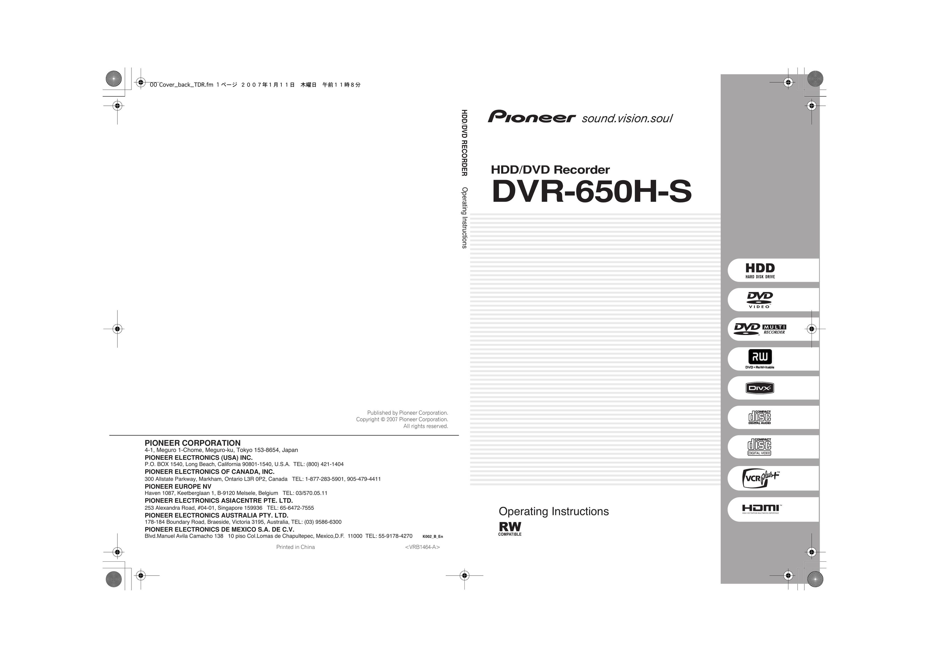 Pioneer DVR-650H-S DVD Recorder User Manual