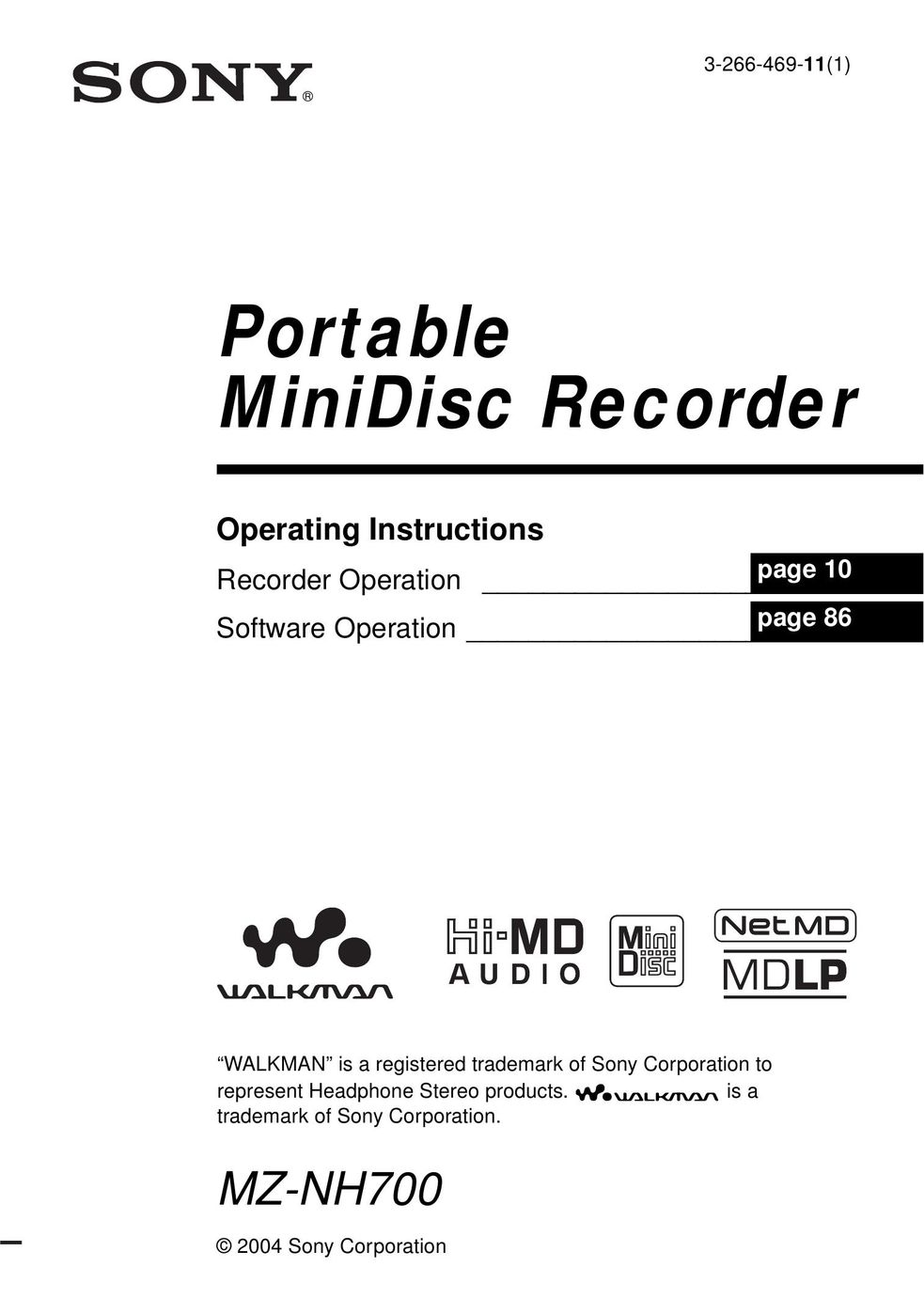 Sony MZ-NH700 DVD Recorder User Manual