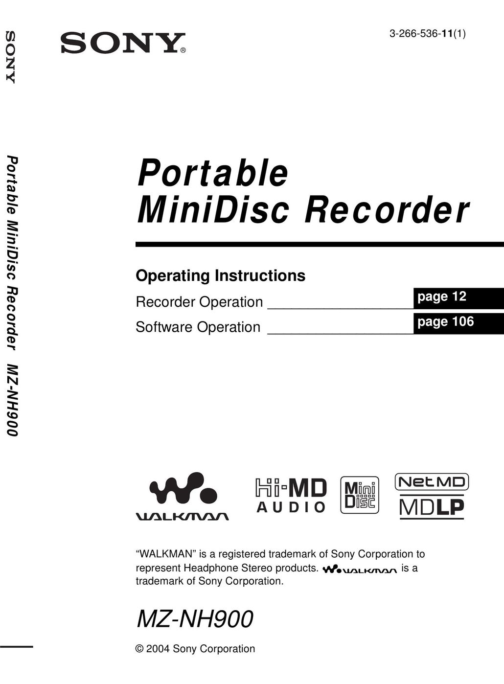 Sony MZ-NH900 DVD Recorder User Manual