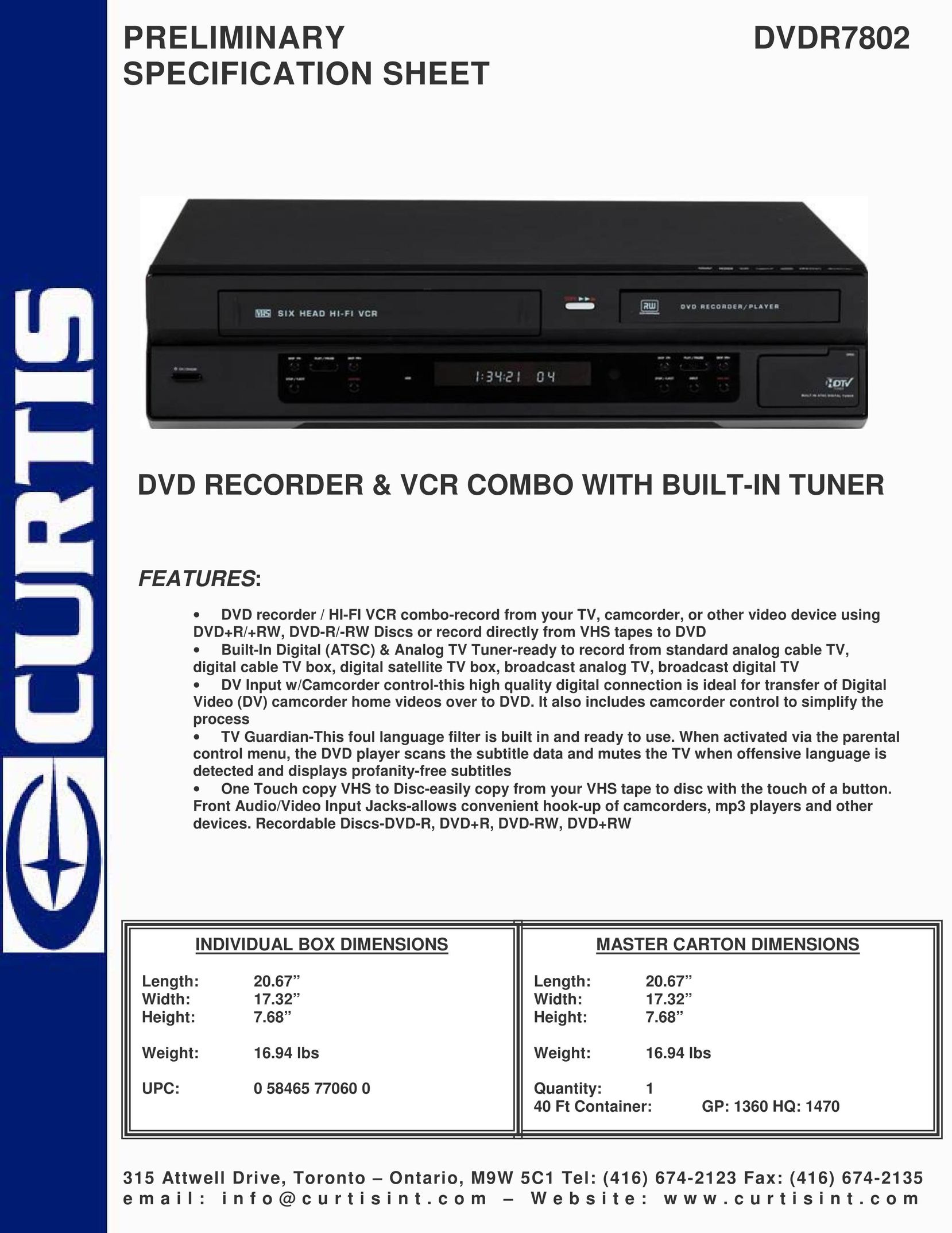 Curtis DVD7802 DVD VCR Combo User Manual
