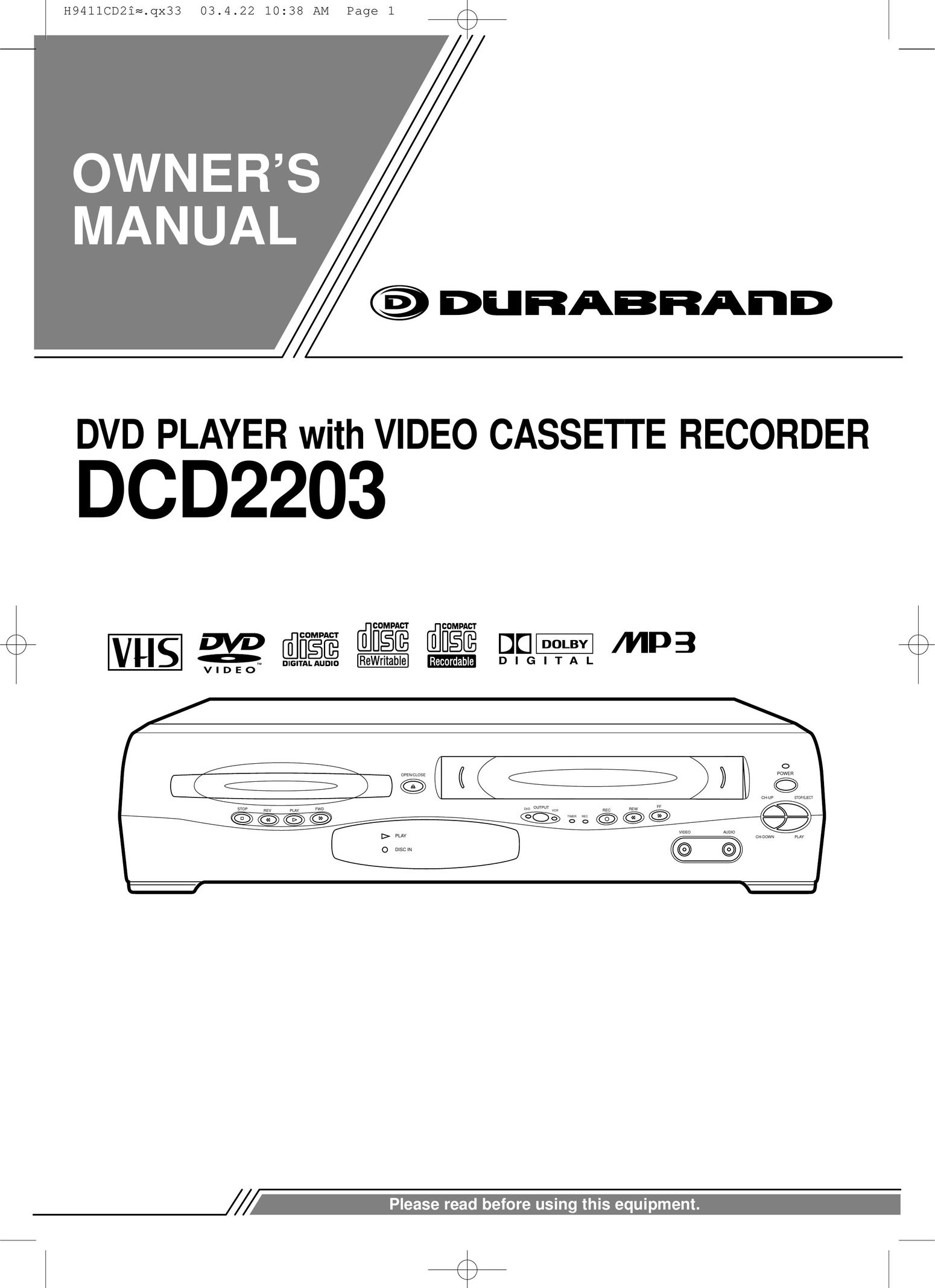 Durabrand DCD2203 DVD VCR Combo User Manual