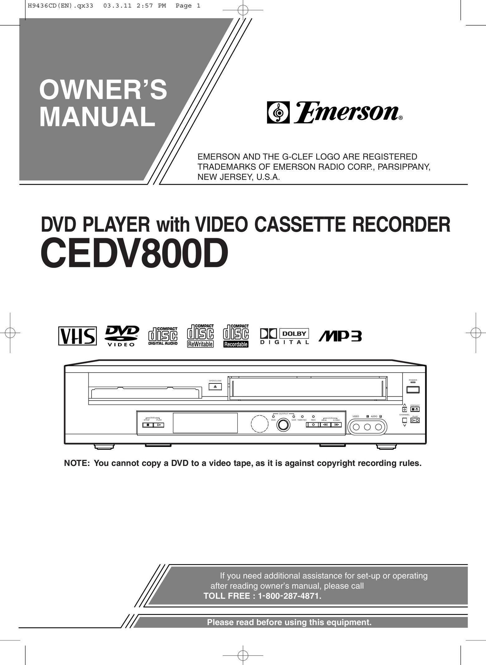 Emerson CEDV800D DVD VCR Combo User Manual