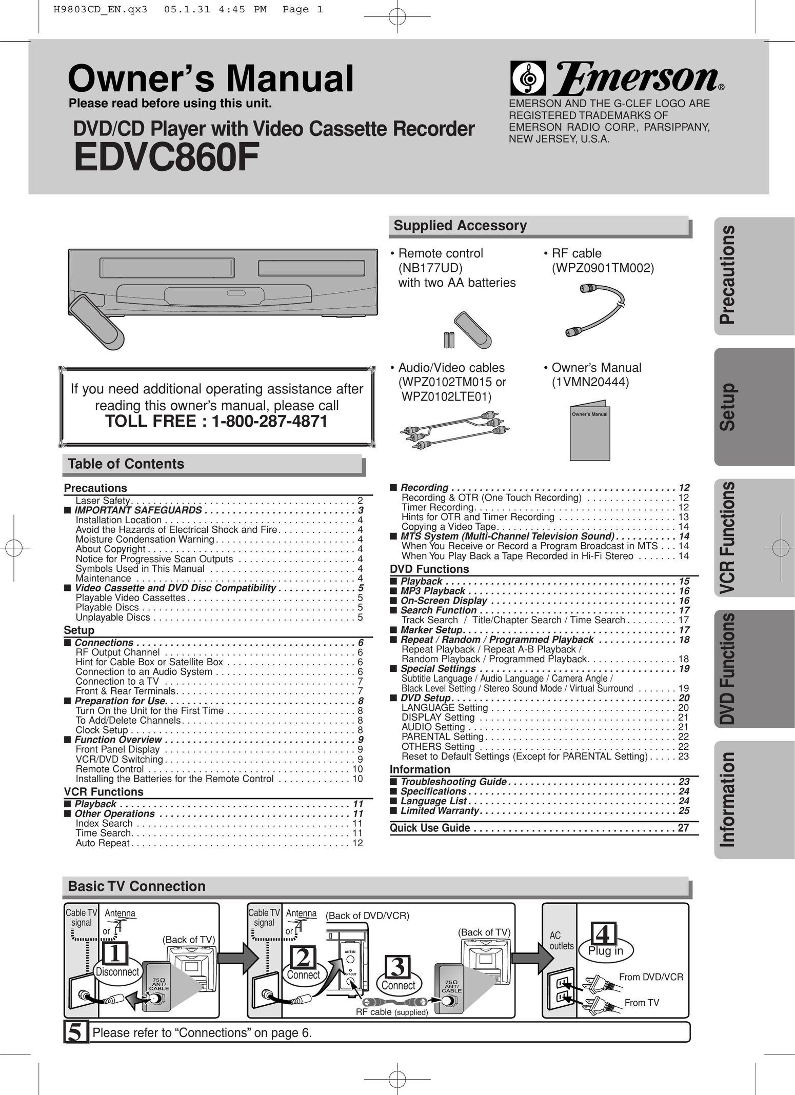 Emerson EDVC860F DVD VCR Combo User Manual