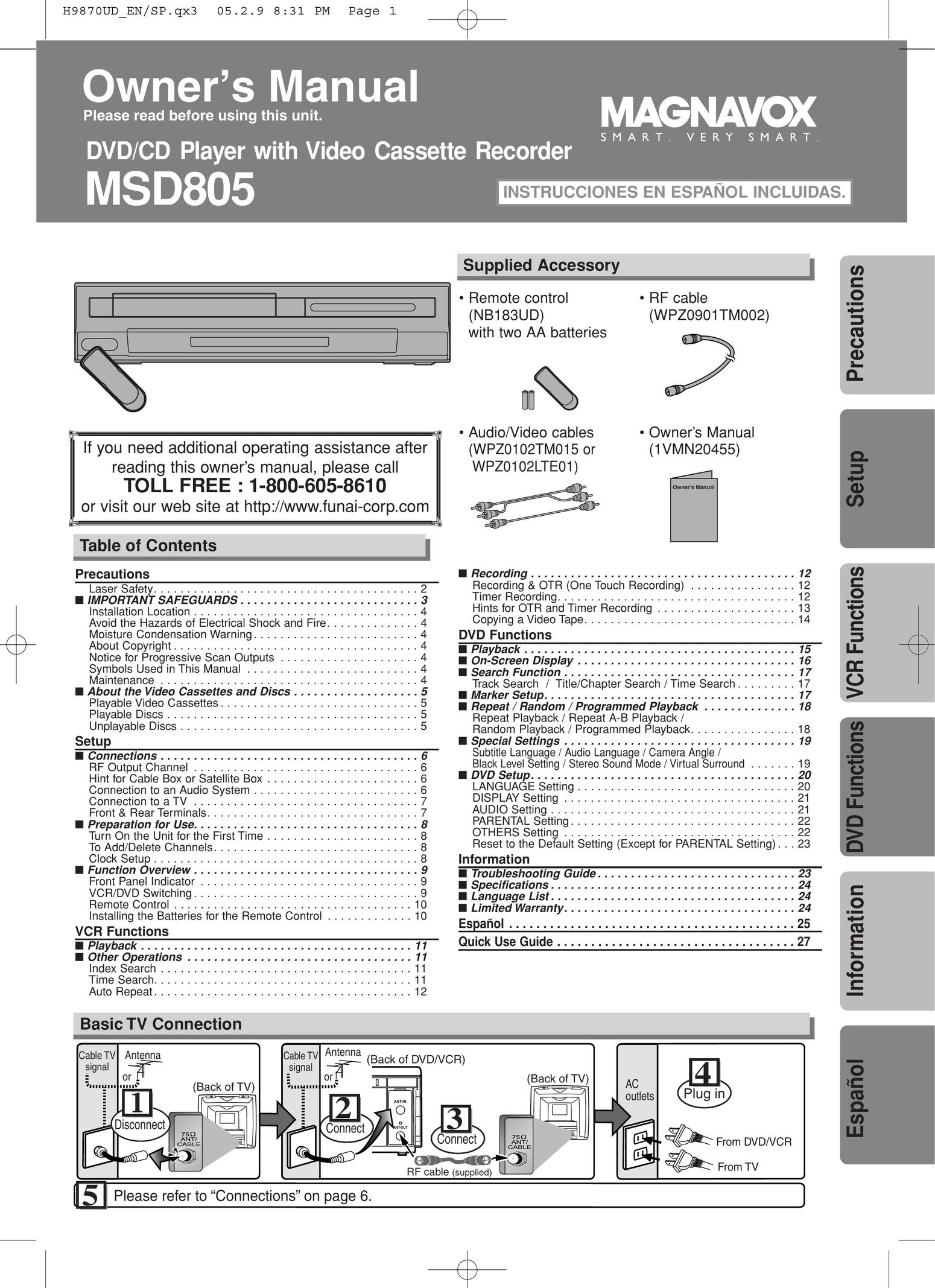 FUNAI MSD805 DVD VCR Combo User Manual