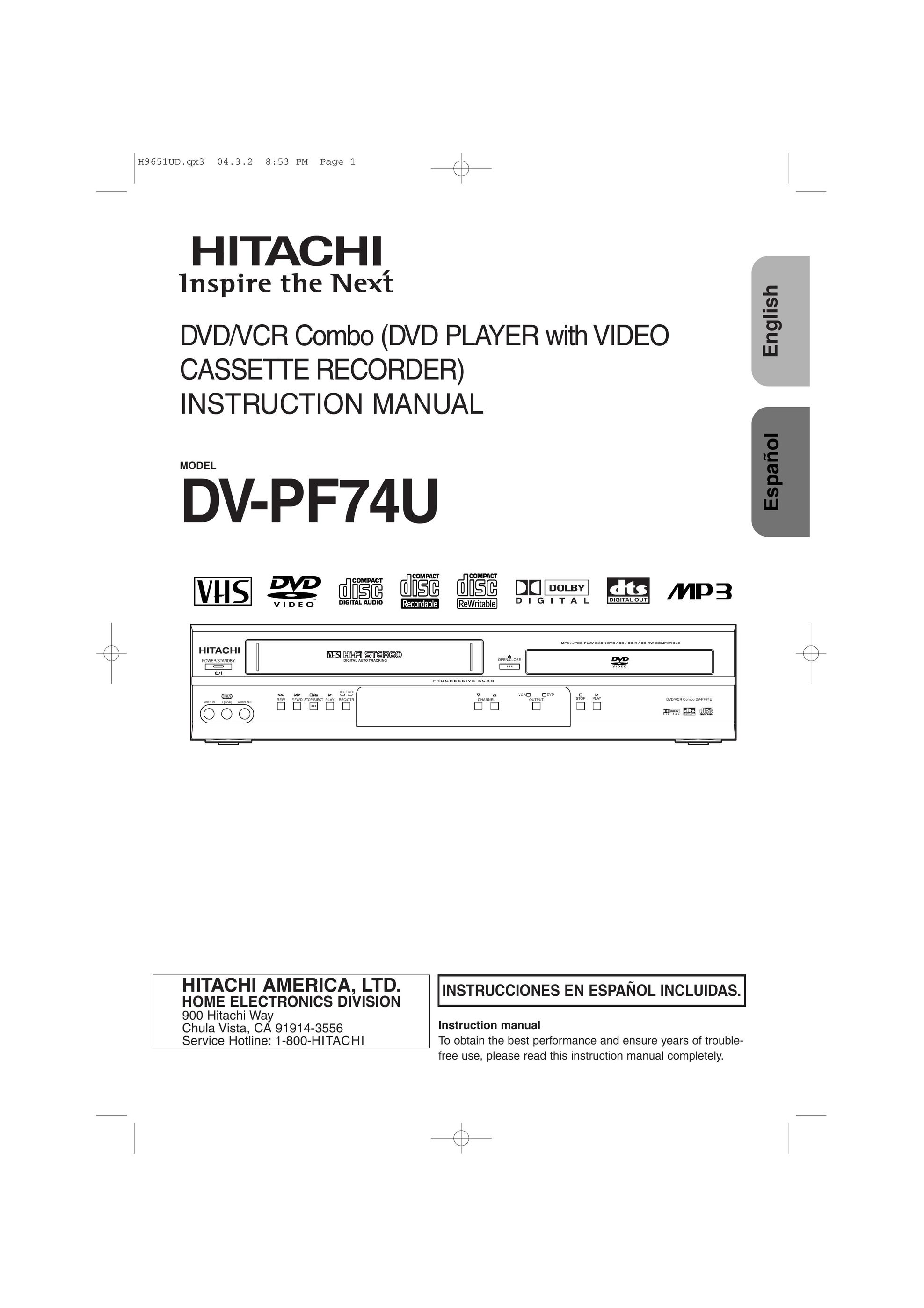 Hitachi DV PF74U DVD VCR Combo User Manual