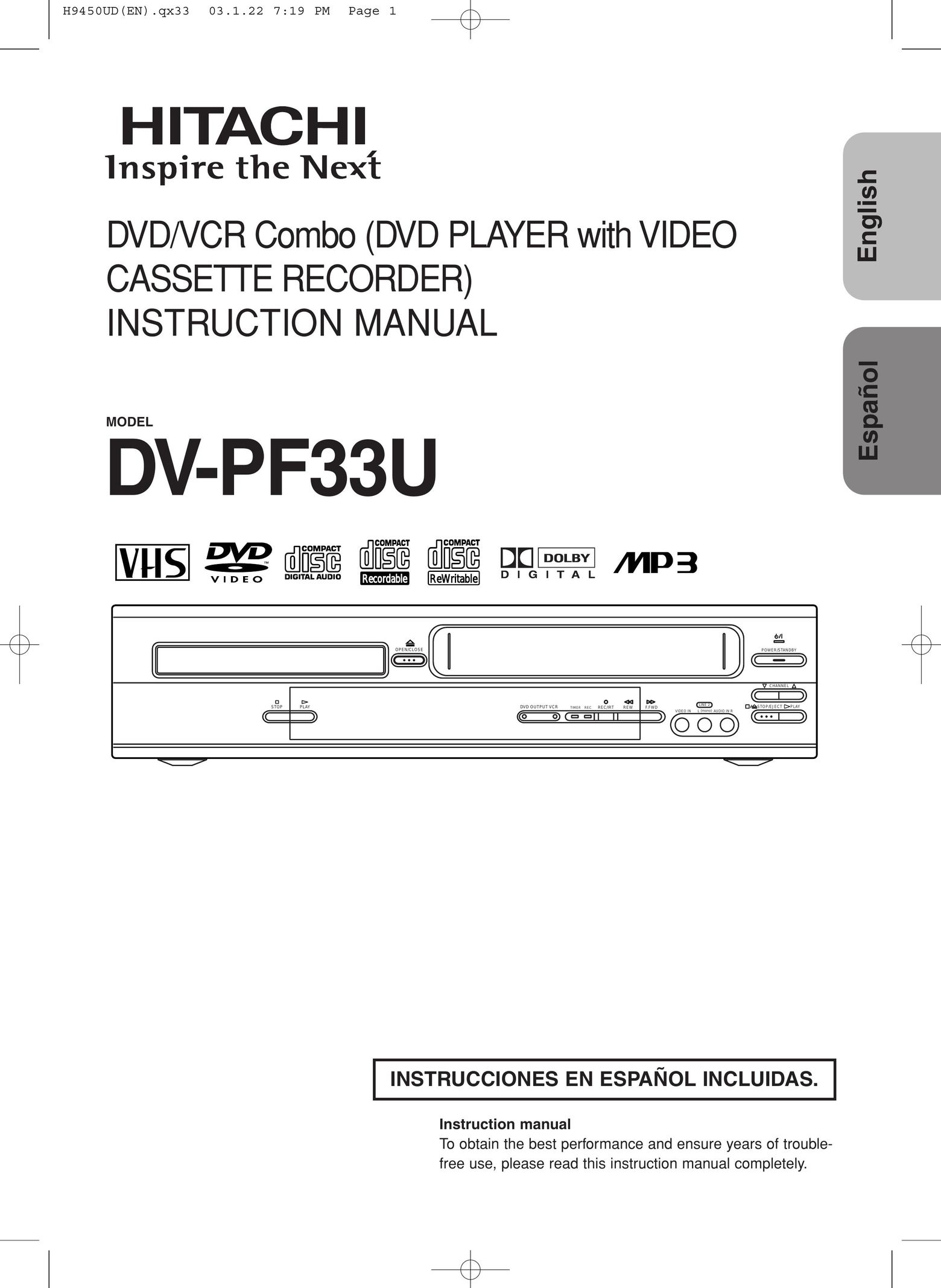 Hitachi DV-PF33U DVD VCR Combo User Manual