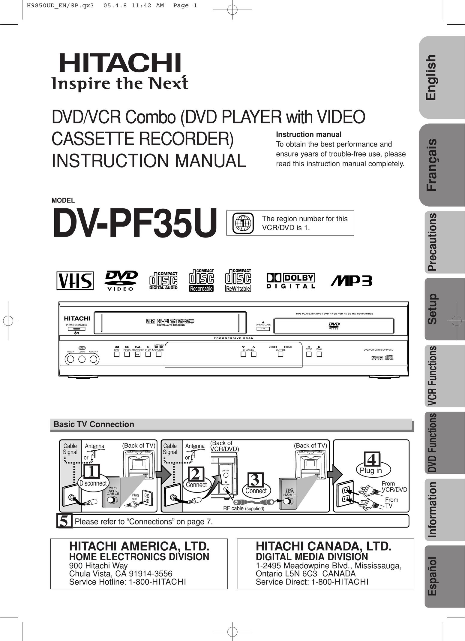 Hitachi DV-PF35USTOP DVD VCR Combo User Manual