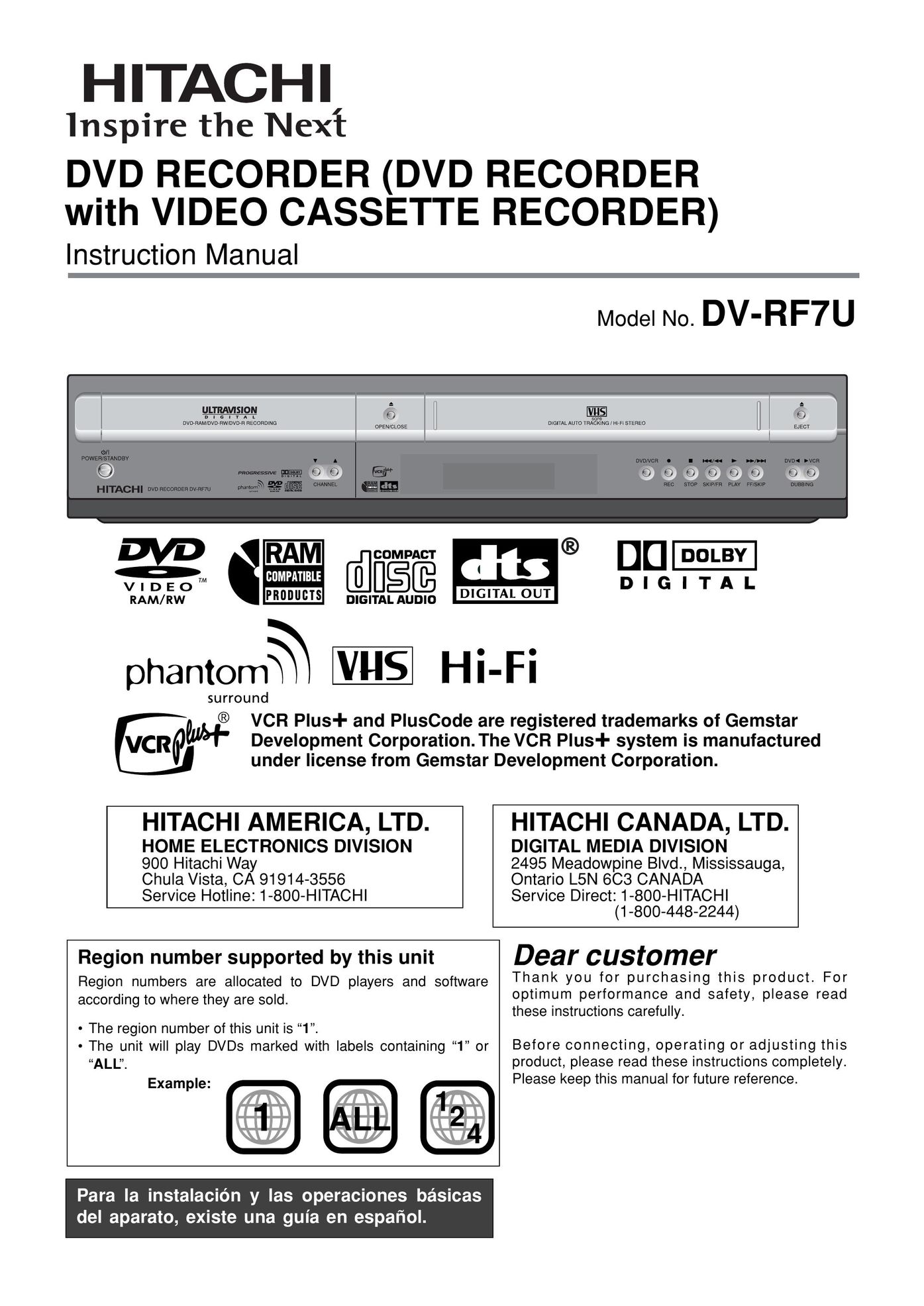 Hitachi DVRF7U DVD VCR Combo User Manual