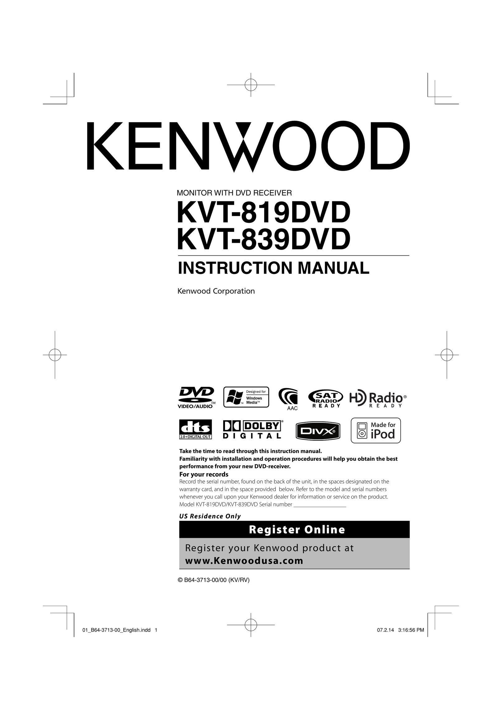 Kenwood KVT-839DVD DVD VCR Combo User Manual