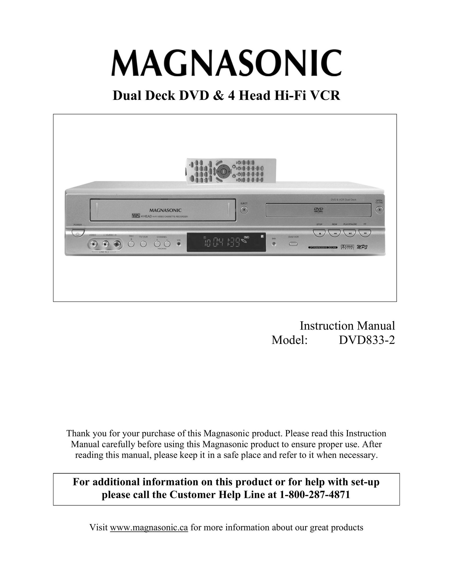 Magnasonic DVD833-2 DVD VCR Combo User Manual