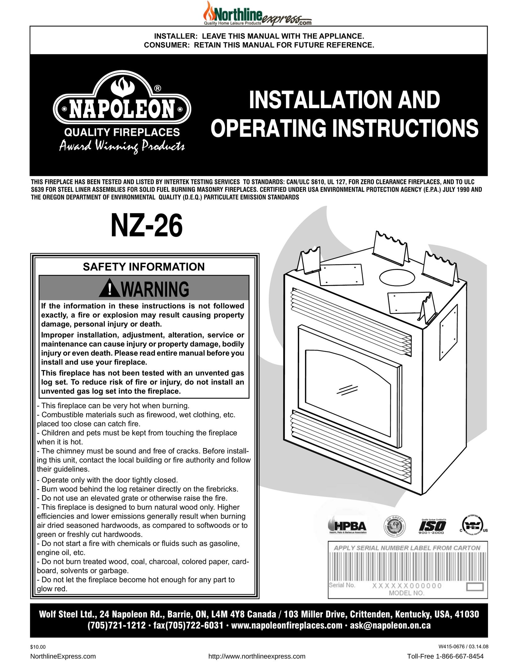 Napoleon Fireplaces NZ-26 DVD VCR Combo User Manual