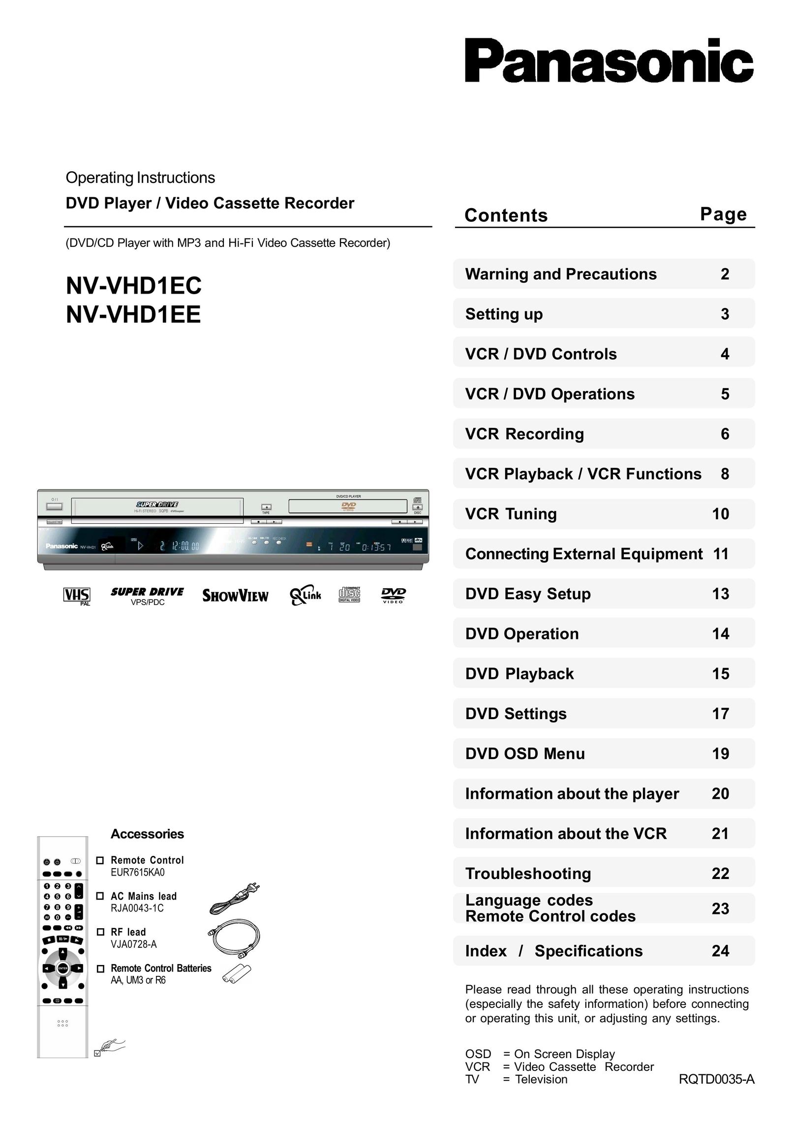 Panasonic NV-VHD1EE DVD VCR Combo User Manual