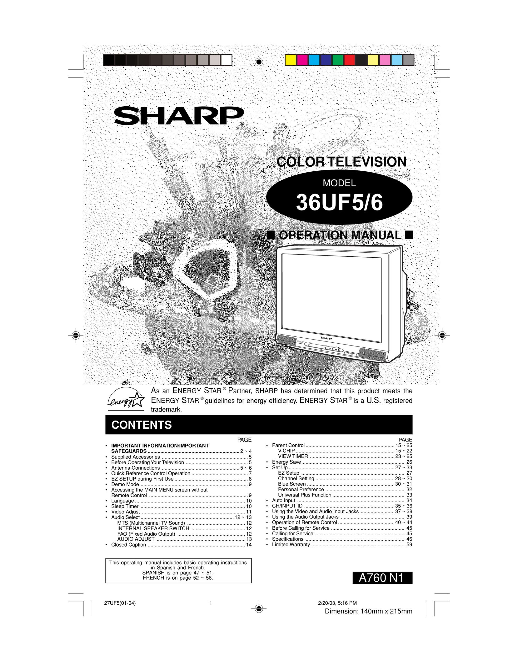 Sharp 36UF5/6 DVD VCR Combo User Manual
