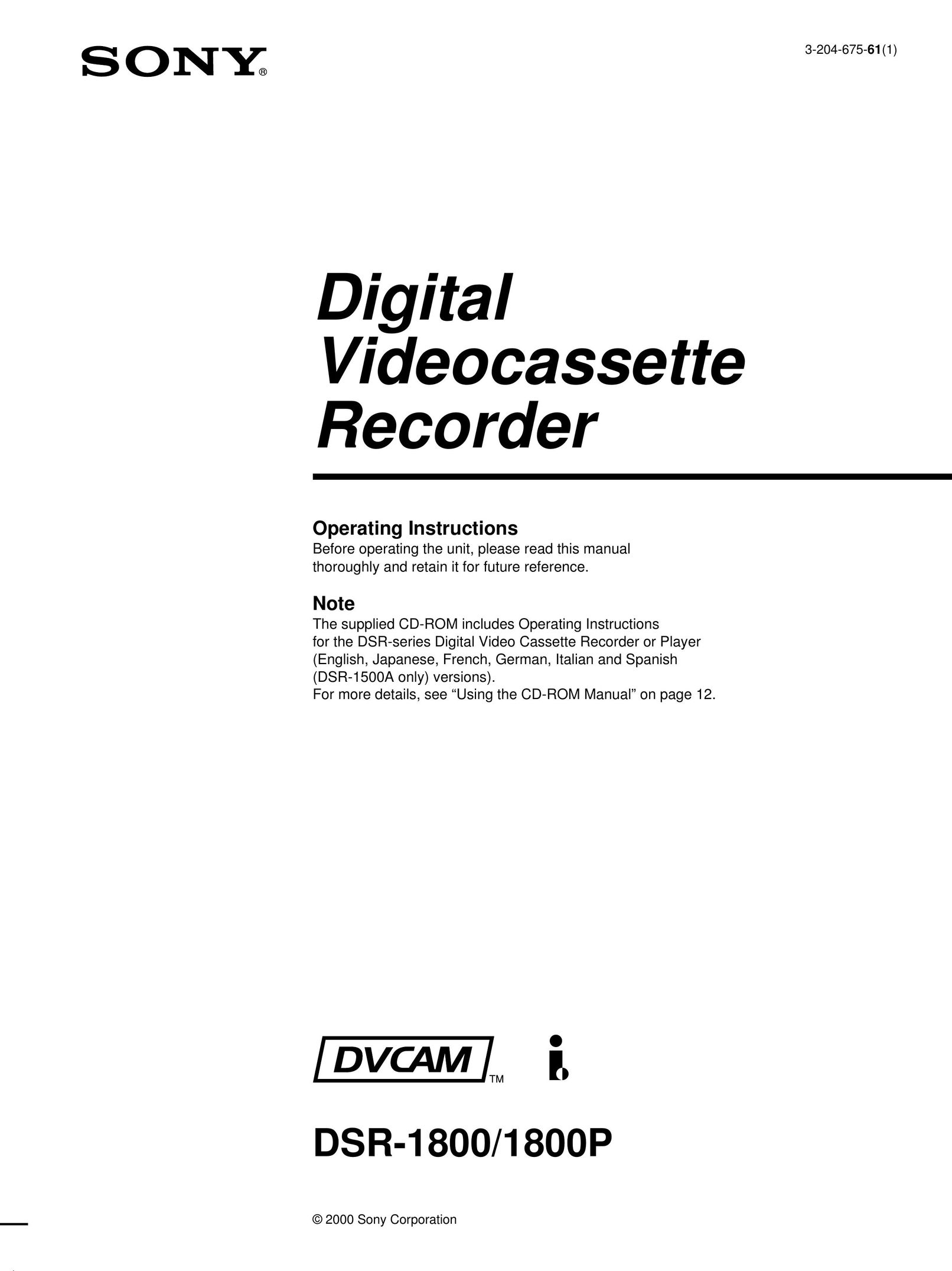 Sony DSR-1800/1800P DVD VCR Combo User Manual