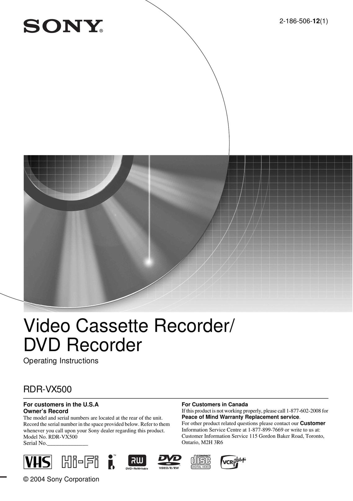 Sony RDR-VX500 DVD VCR Combo User Manual