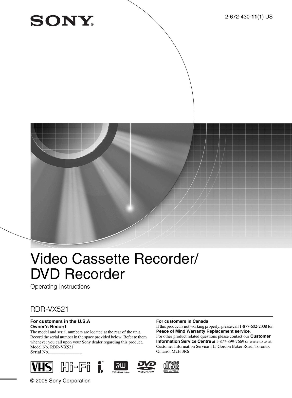 Sony RDR-VX521 DVD VCR Combo User Manual