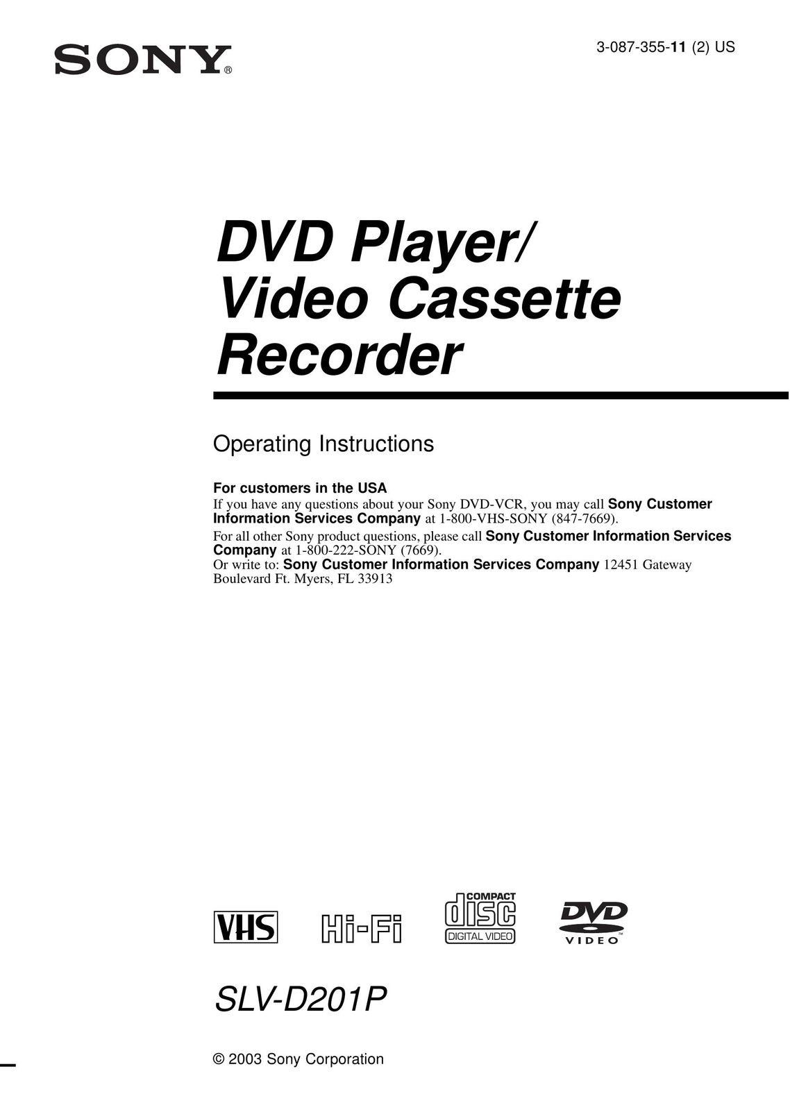 Sony SLV-D201P DVD VCR Combo User Manual
