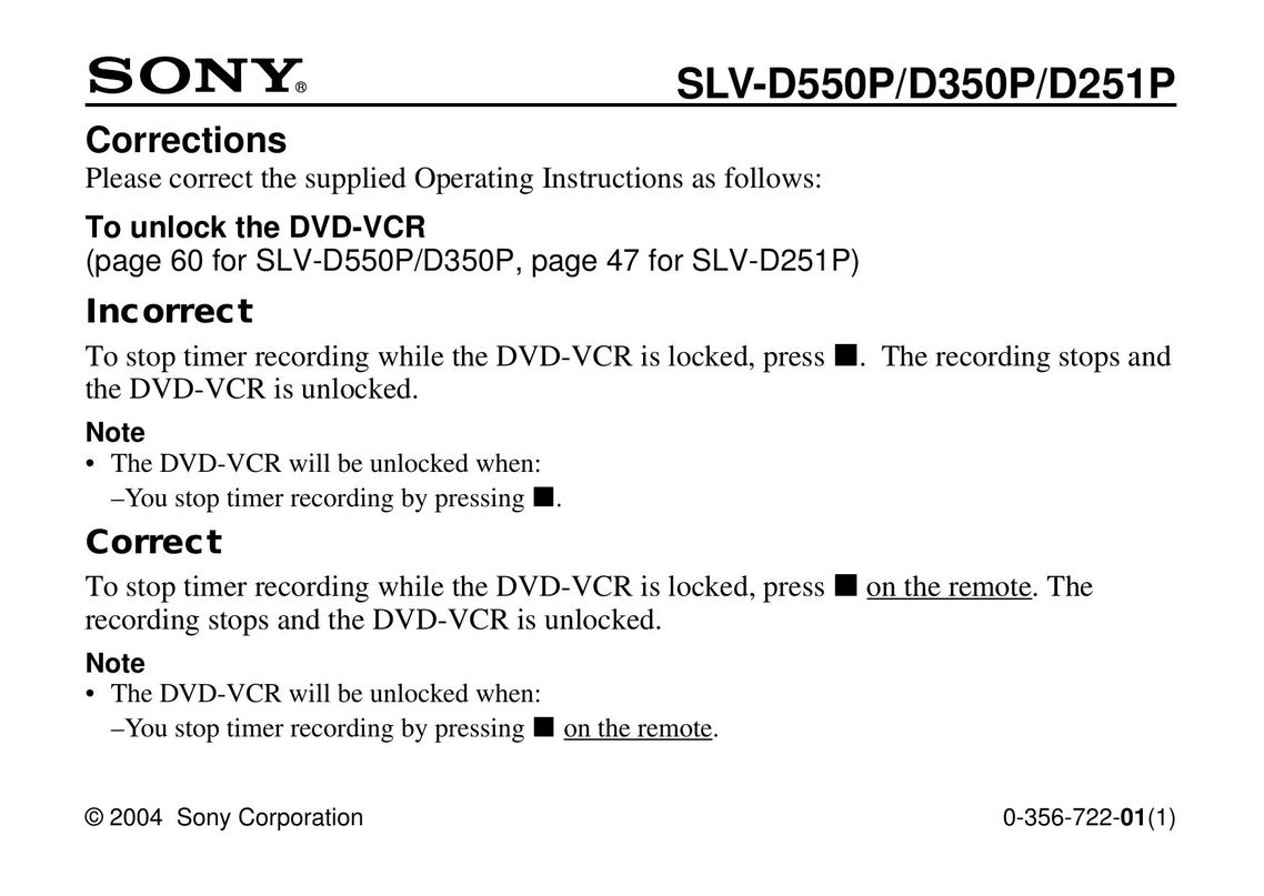 Sony SLV-D251P DVD VCR Combo User Manual