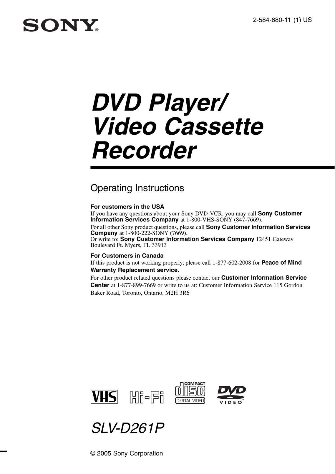 Sony SLV-D261P DVD VCR Combo User Manual