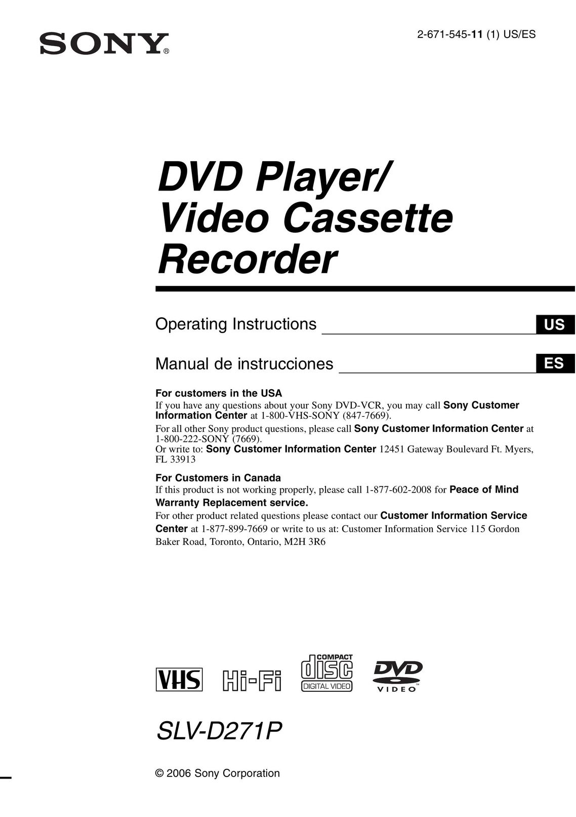 Sony SLV-D271PDVD DVD VCR Combo User Manual