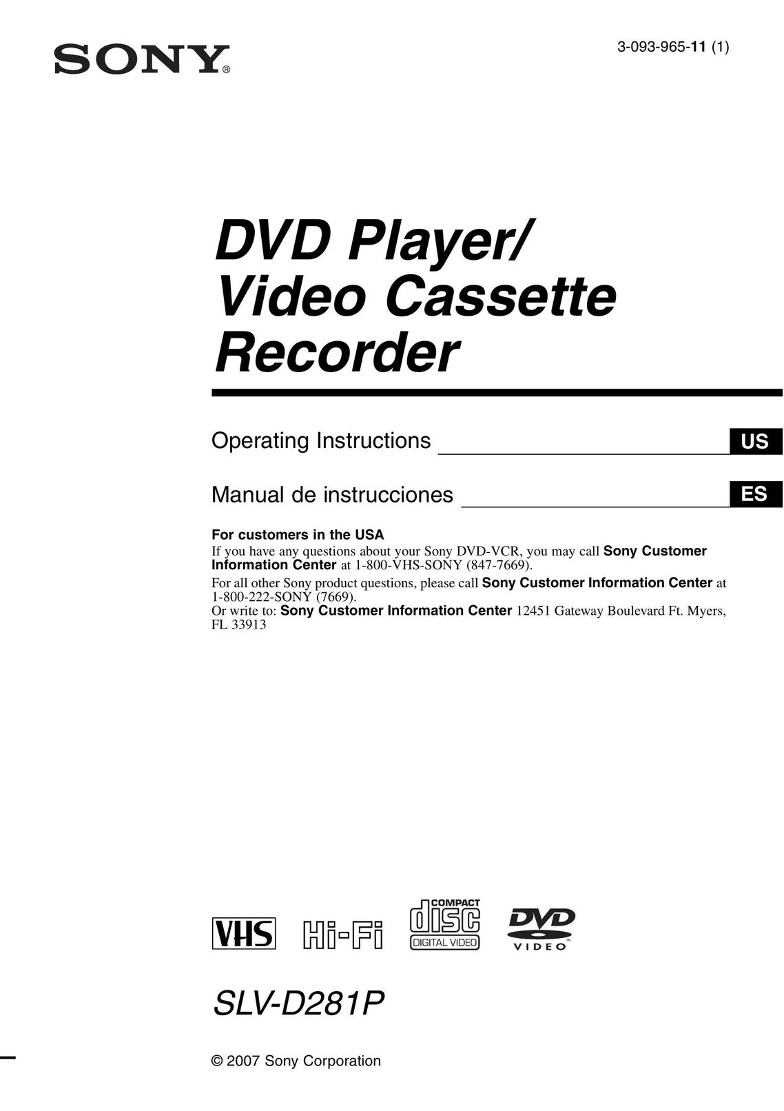 Sony SLV-D281P DVD VCR Combo User Manual