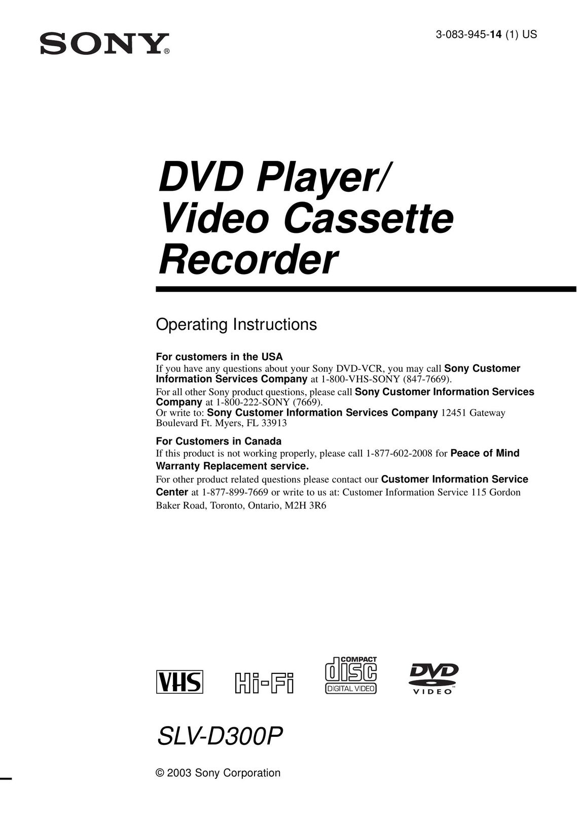 Sony SLV-D300P DVD VCR Combo User Manual